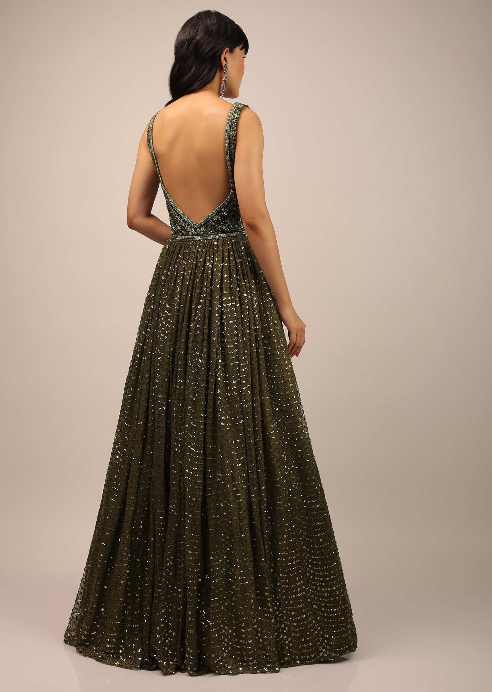 Military Olive Gown With Sequins And A Low Cut On The Back