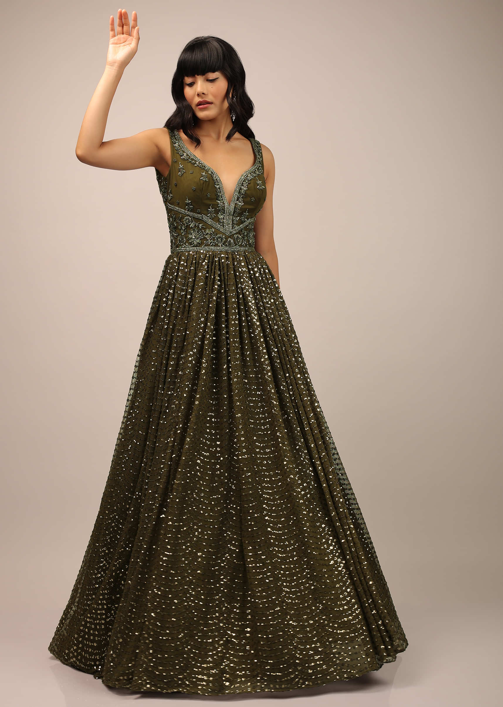 Military Olive Gown With Sequins And A Low Cut On The Back