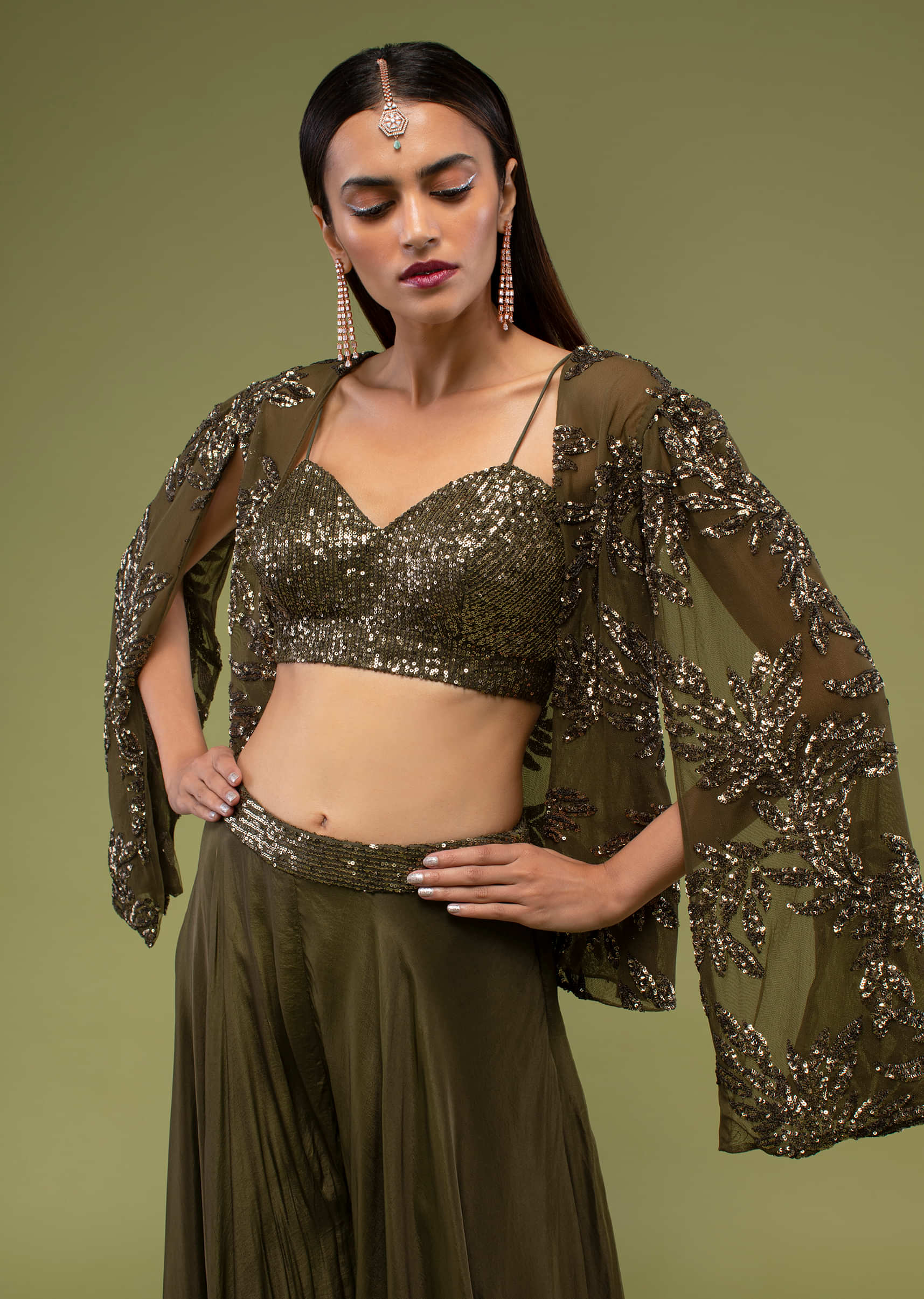 Military Olive Green Palazzo And A Crop Top Set, Paired With A Cape With Sequins Embroidery On It