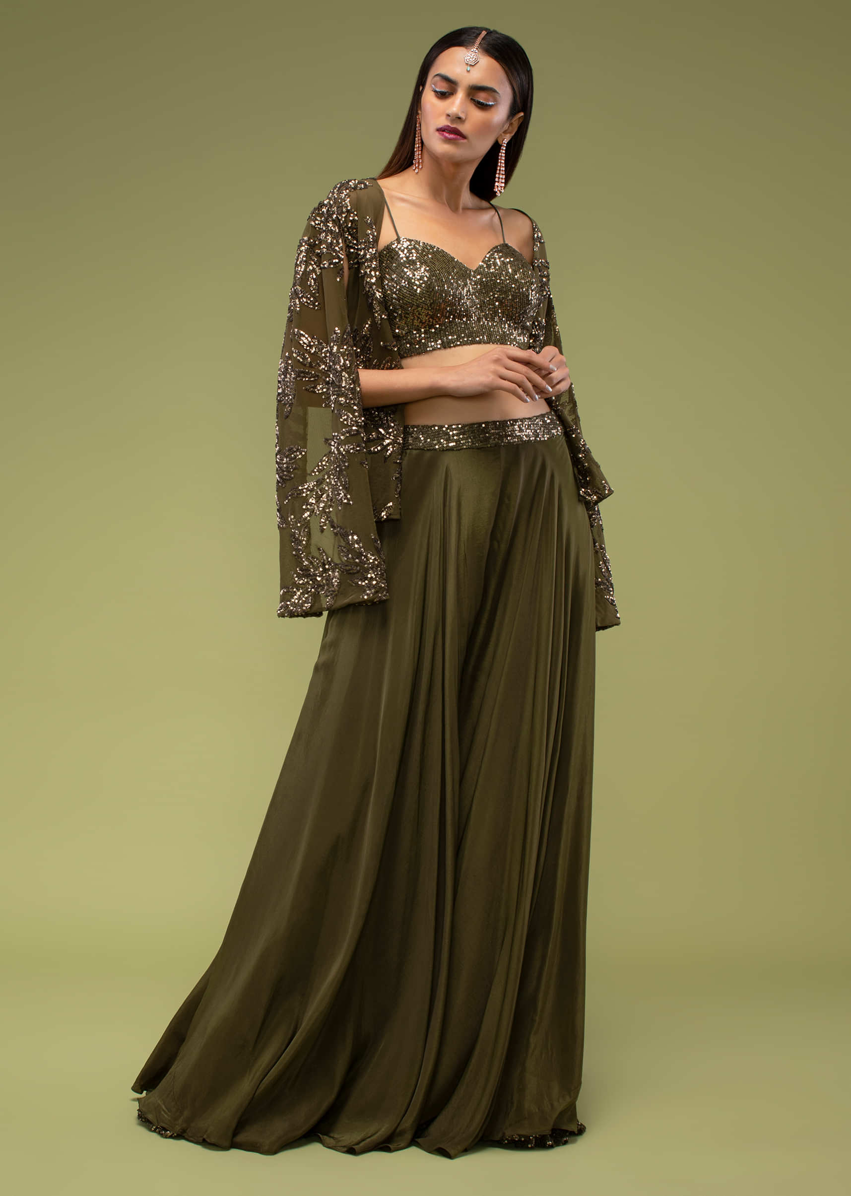 Military Olive Green Palazzo And A Crop Top Set, Paired With A Cape With Sequins Embroidery On It
