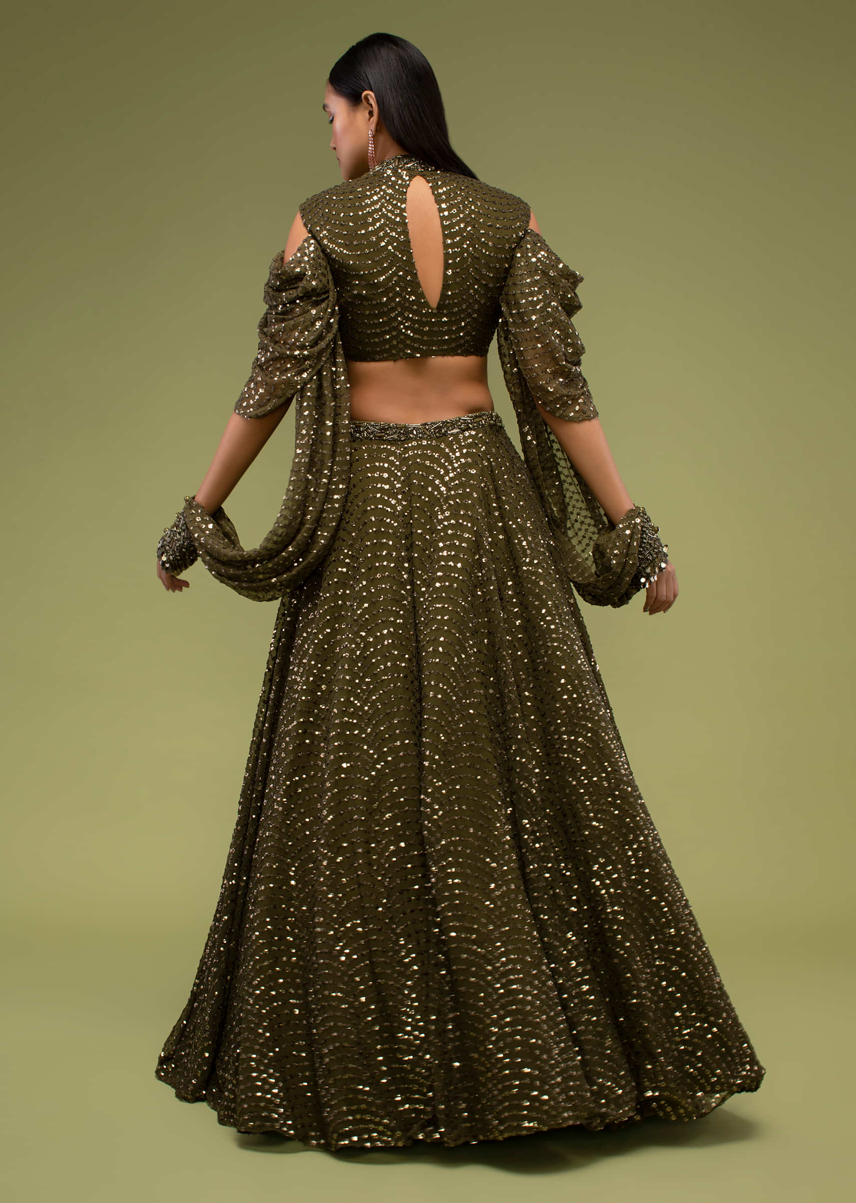Military Olive Lehenga And Crop Top In Sequins Embroidery, Paired With The Crop Top In Crew Neckline With A Key-Hole 