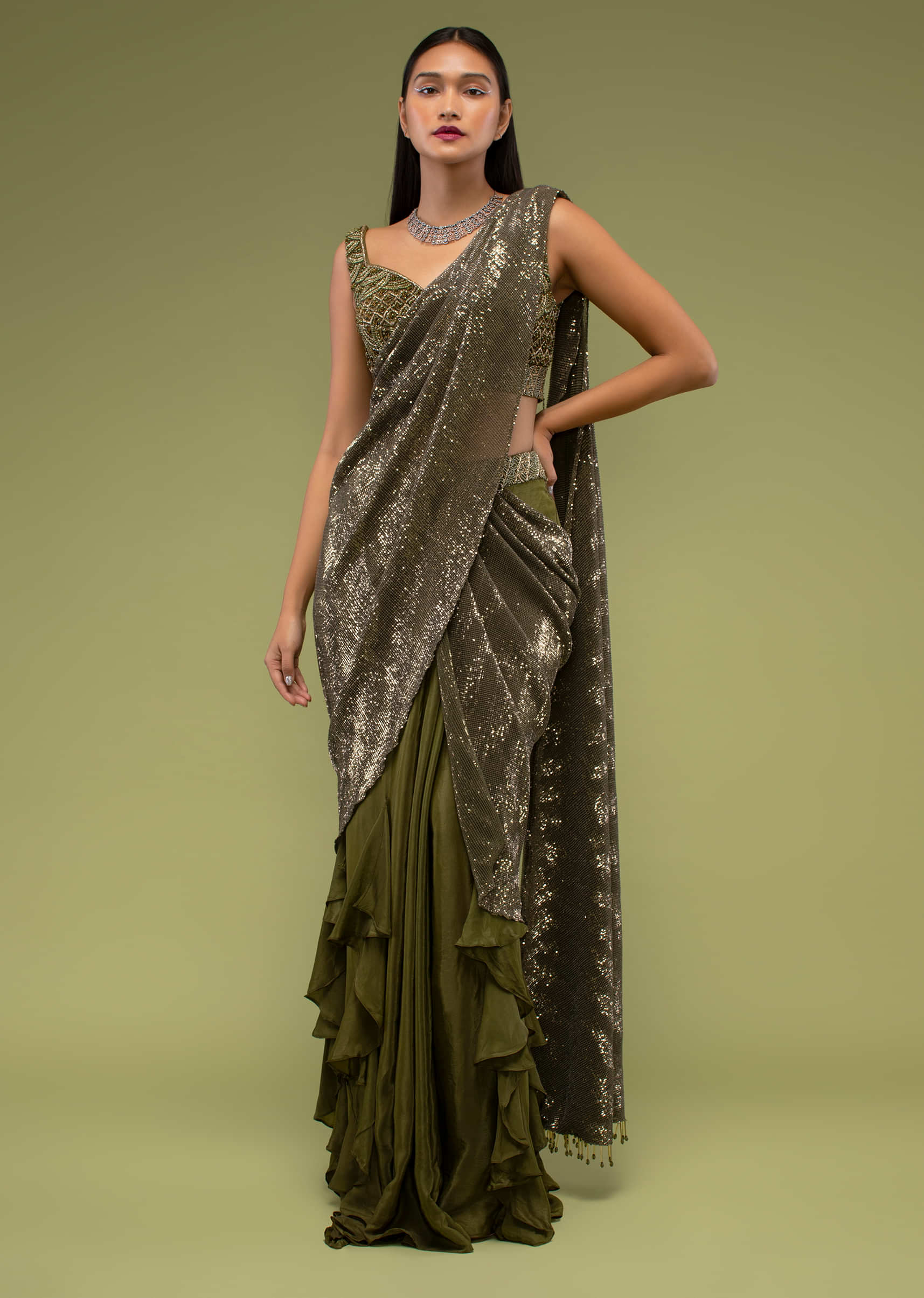 Military Olive Shimmer Crush Ruffled Ready-Pleated Saree, Crafted In Crush With Sequins Embroidery All Over With A Side Zip Closure