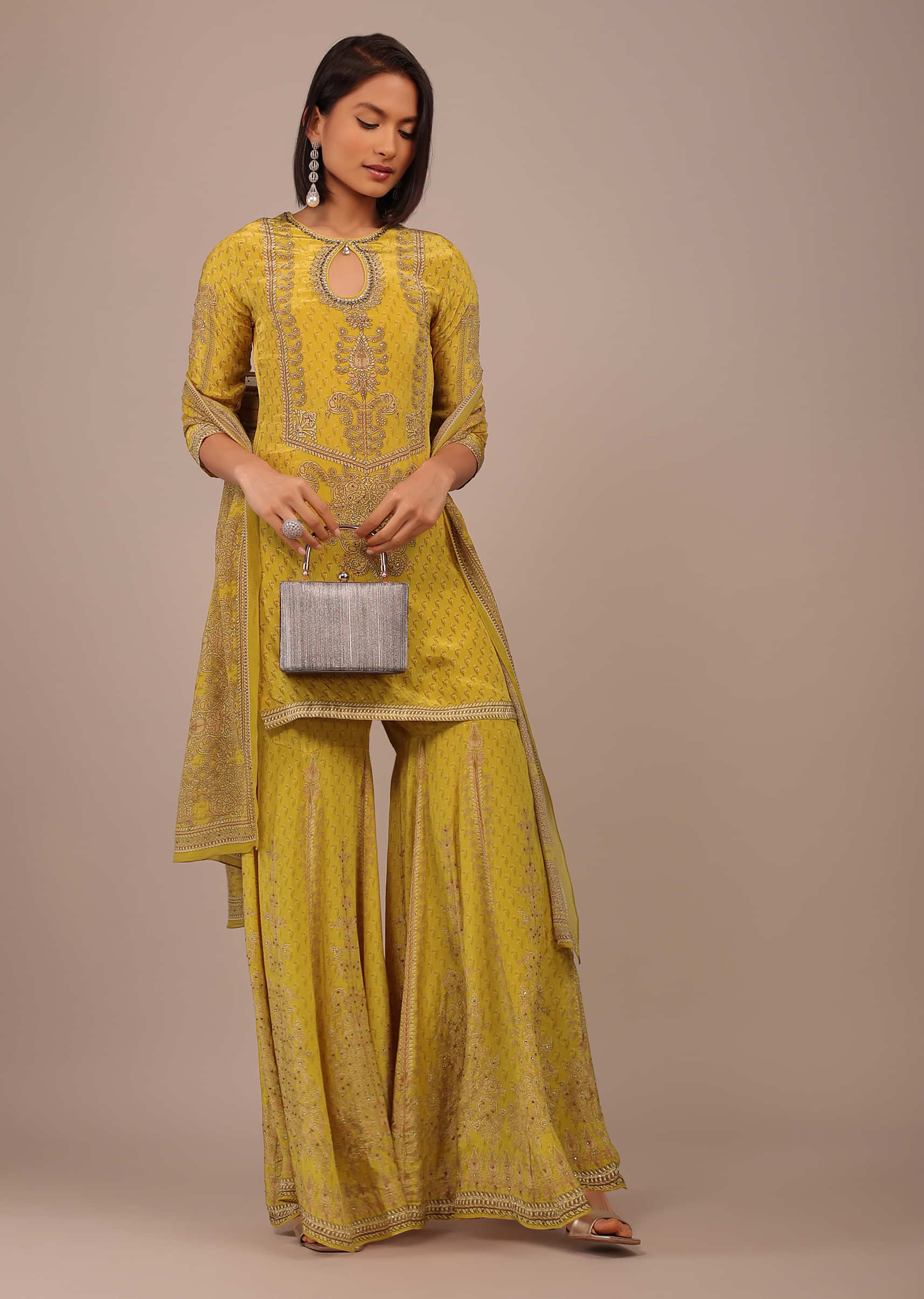 Daffodil Yellow Printed Sharara Suit With Stonework In Crepe
