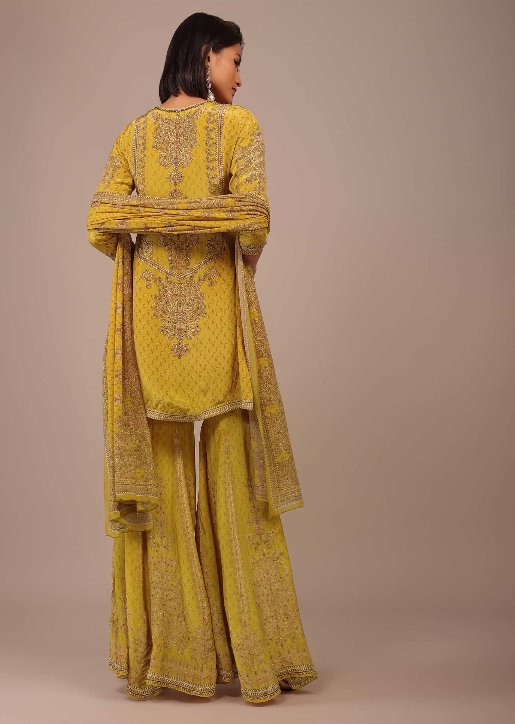 Daffodil Yellow Printed Sharara Suit With Stonework In Crepe