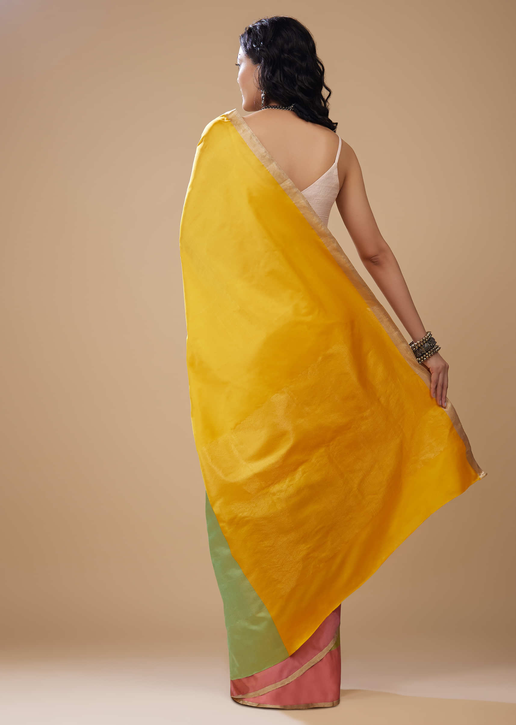 Cyber Yellow Satin Saree In Contrast Border
