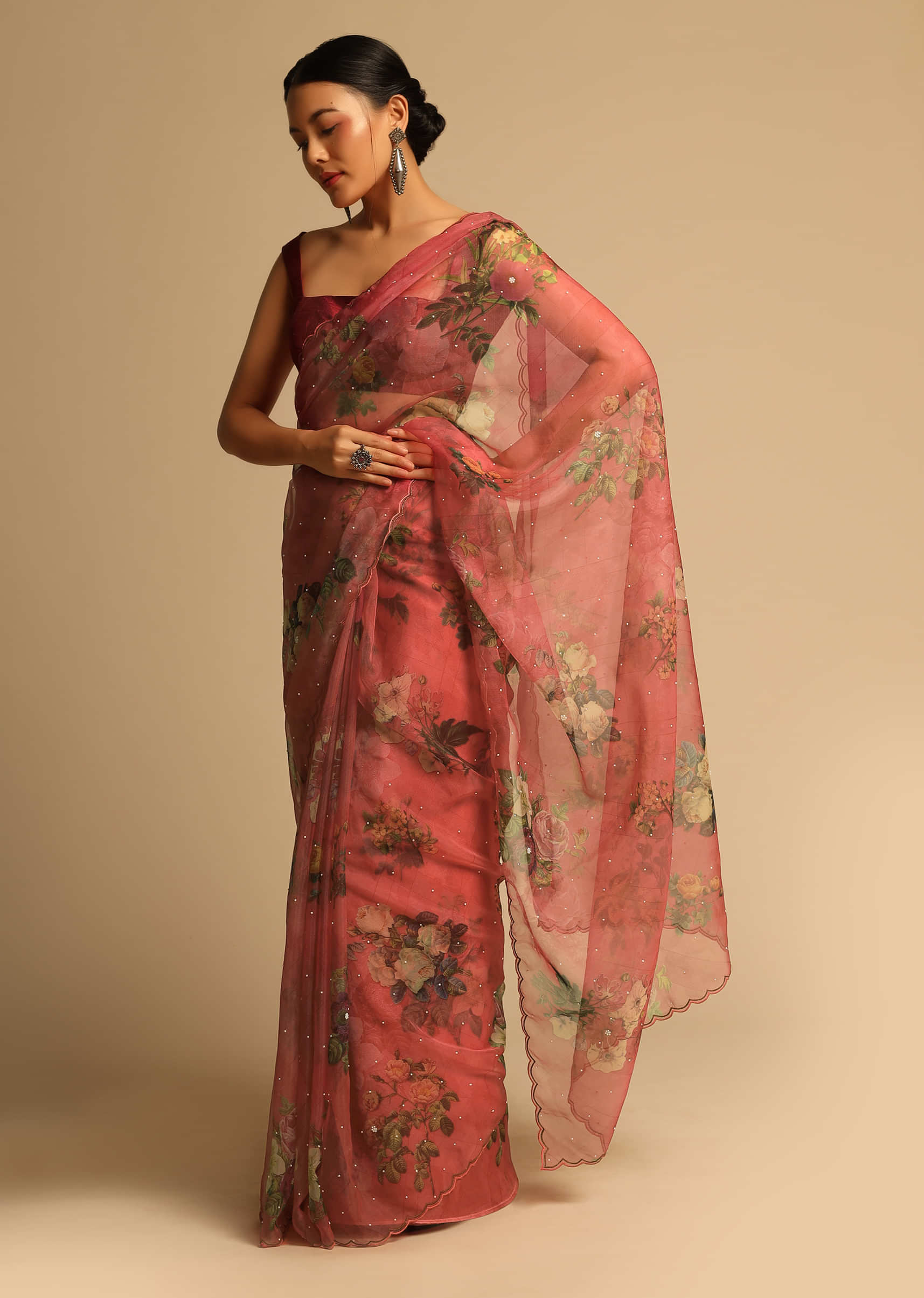 Mineral Red Saree In Organza With Floral Print All Over And Scalloped Resham Border Along With Unstitched Blouse