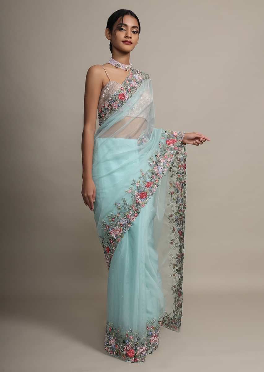 Mint Saree In Organza With Resham Embroidered Floral Design On The Border  