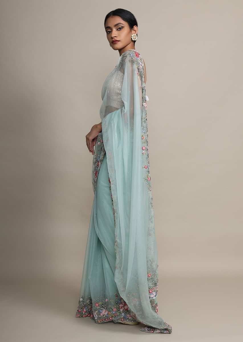 Mint Saree In Organza With Resham Embroidered Floral Design On The Border  