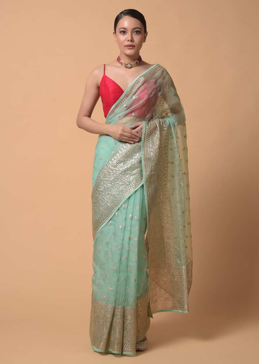 Mint Saree In Organza With Zari Cord Embroidery In Floral And Paisley Motifs  