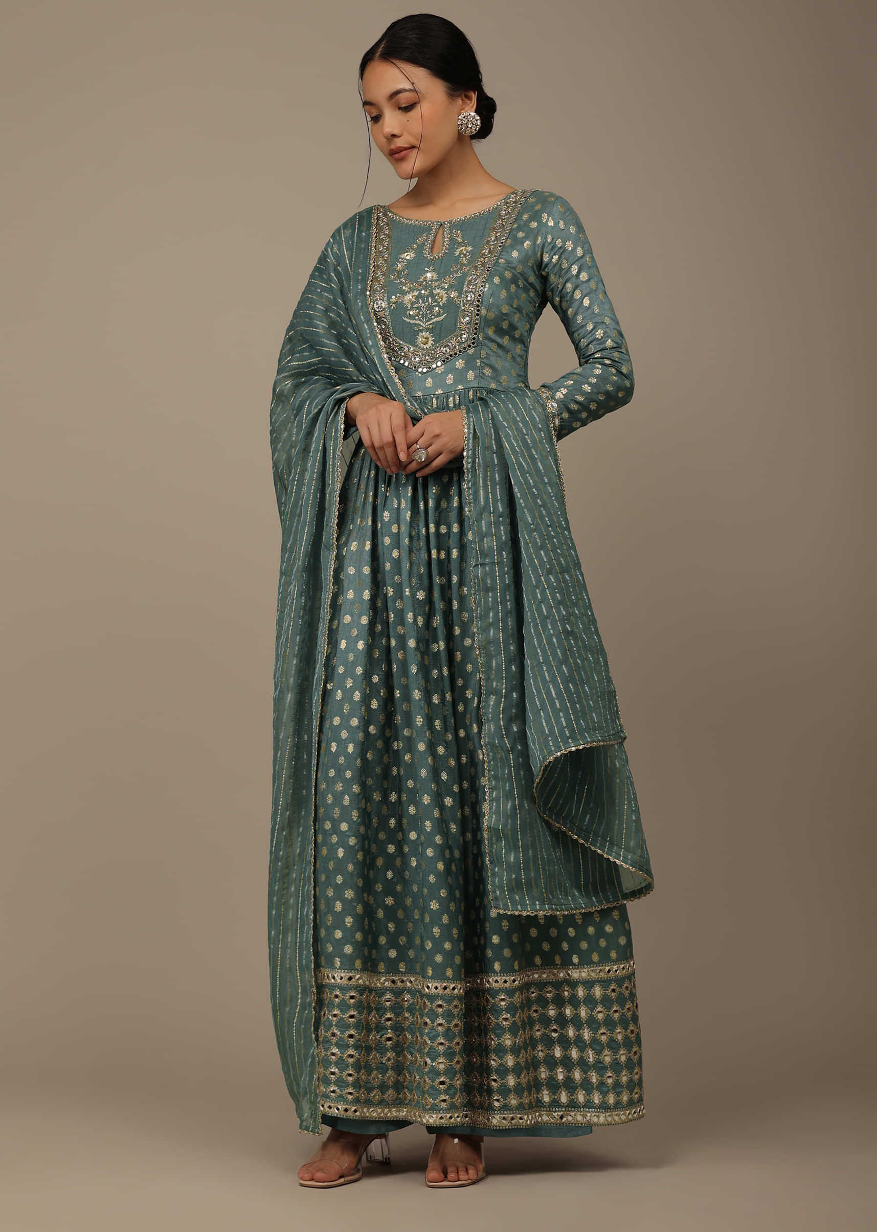 Mint Blue Embroidered Palazzo Suit Set In Banarasi Brocade Silk