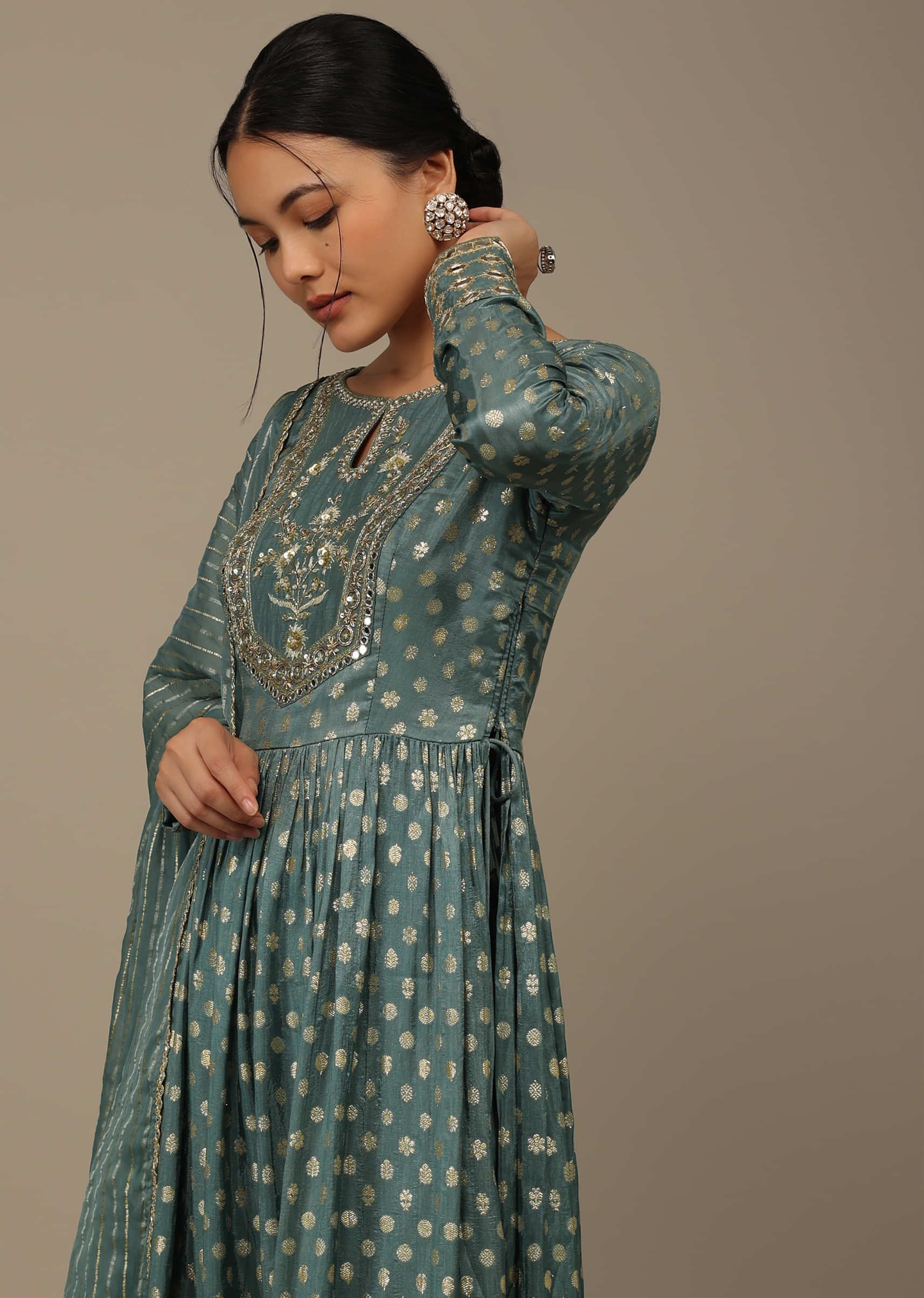 Mint Blue Embroidered Palazzo Suit Set In Banarasi Brocade Silk