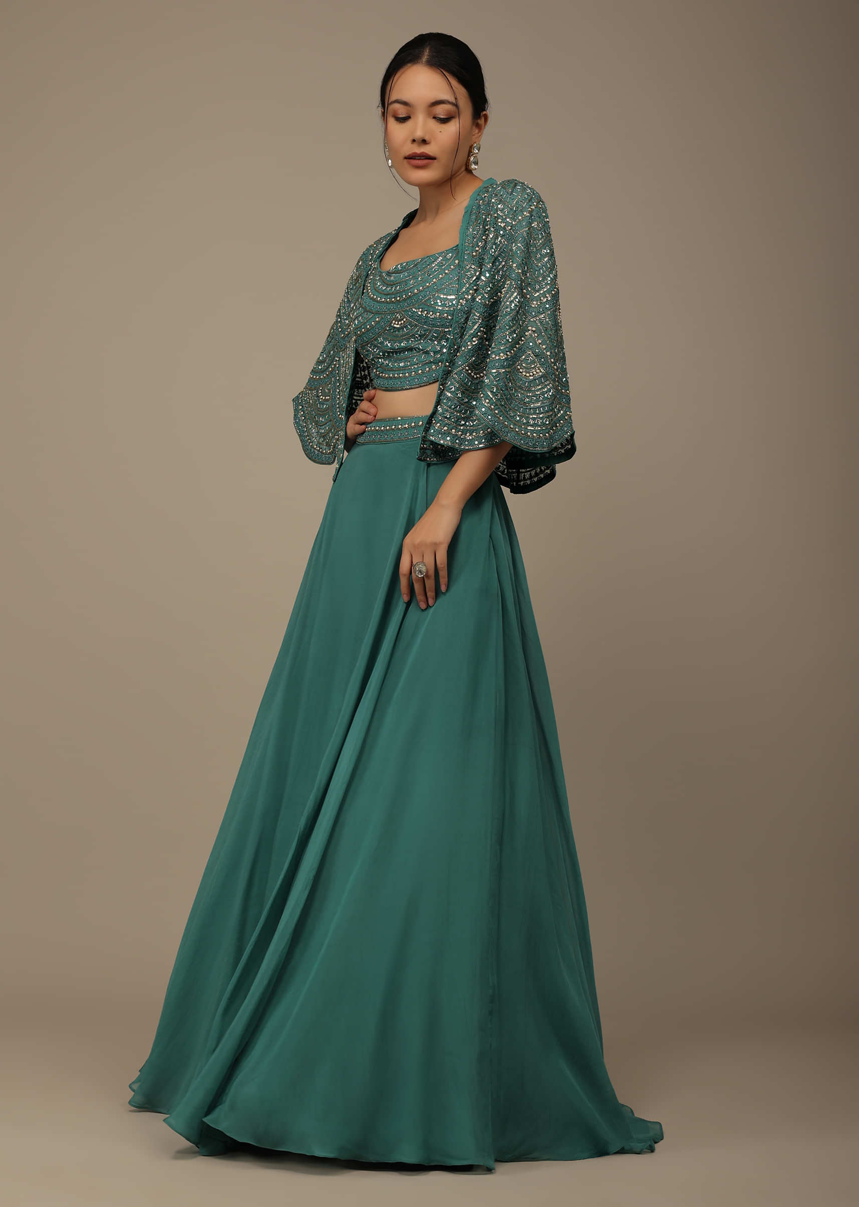 Mint Blue Festive Embroidered Lehenga Set With Cape In Organza