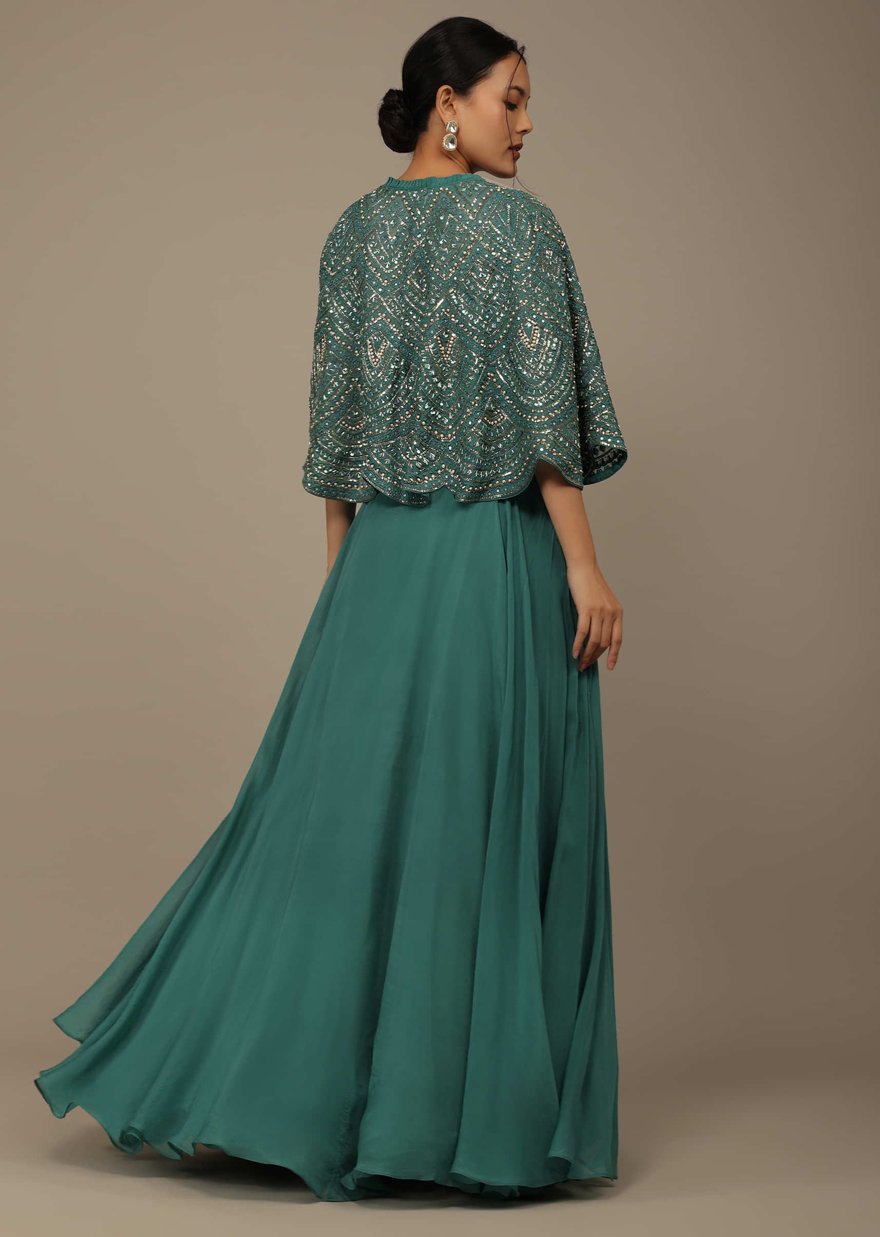 Mint Blue Festive Embroidered Lehenga Set With Cape In Organza