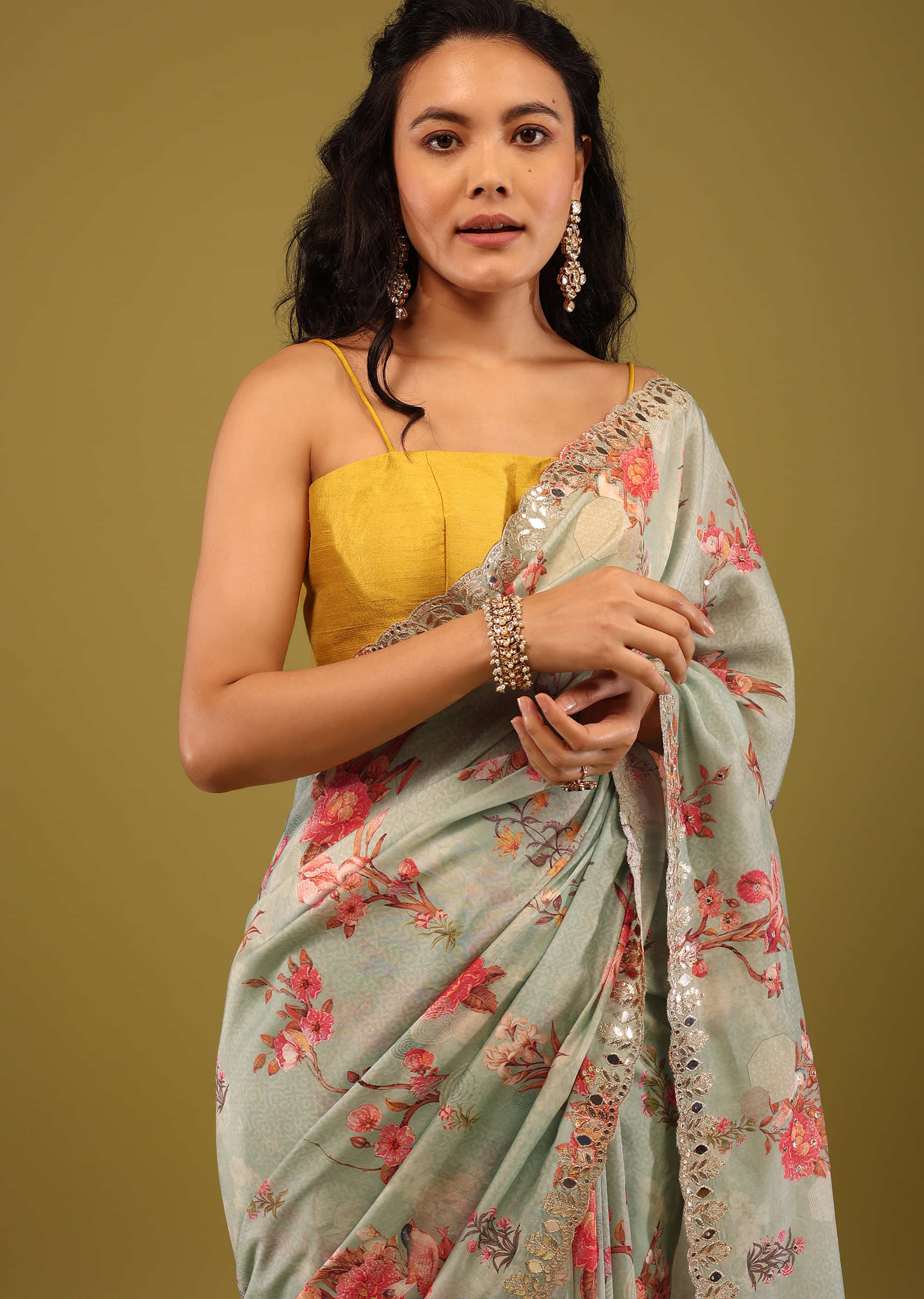 Mint Blue Saree In Muslin With Floral Print And Embroidery In Gotta Patti Work