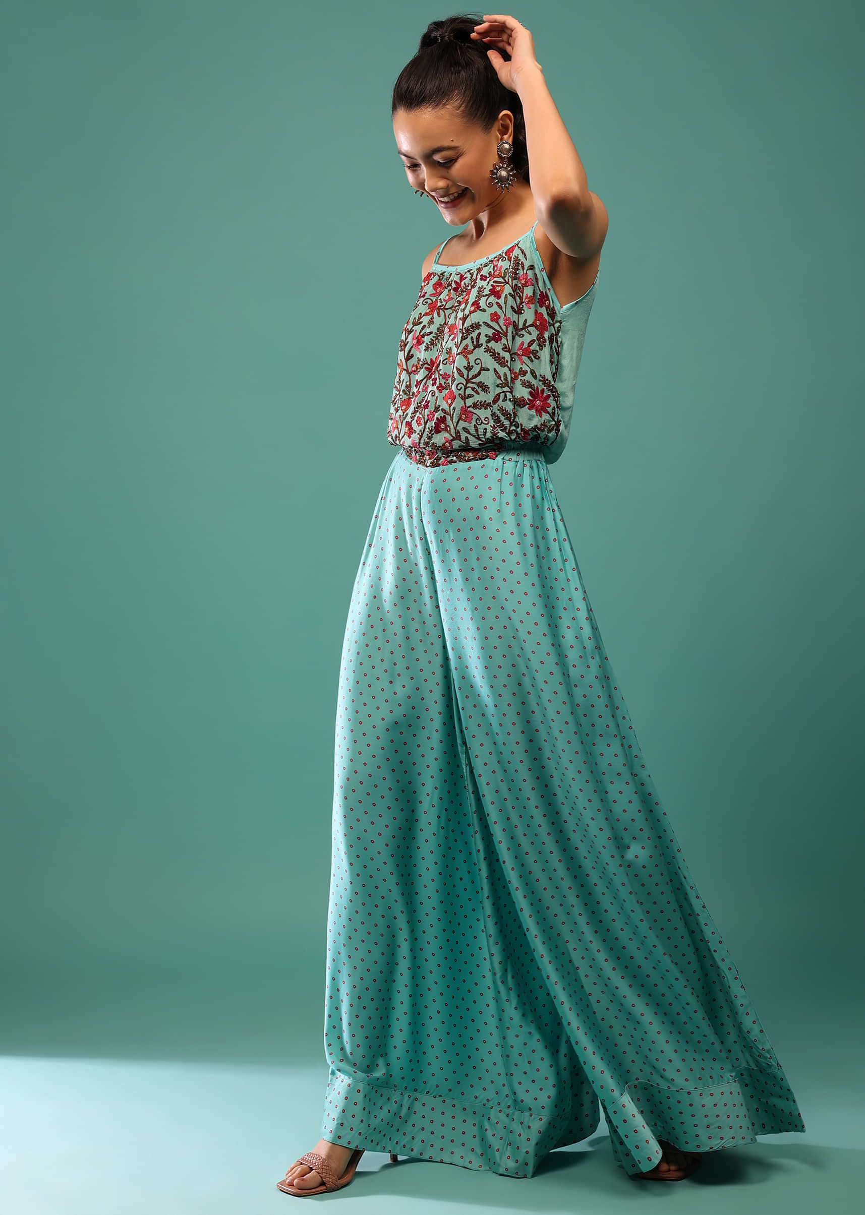 Mint Green Jumpsuit With Thread Work And Floral Print