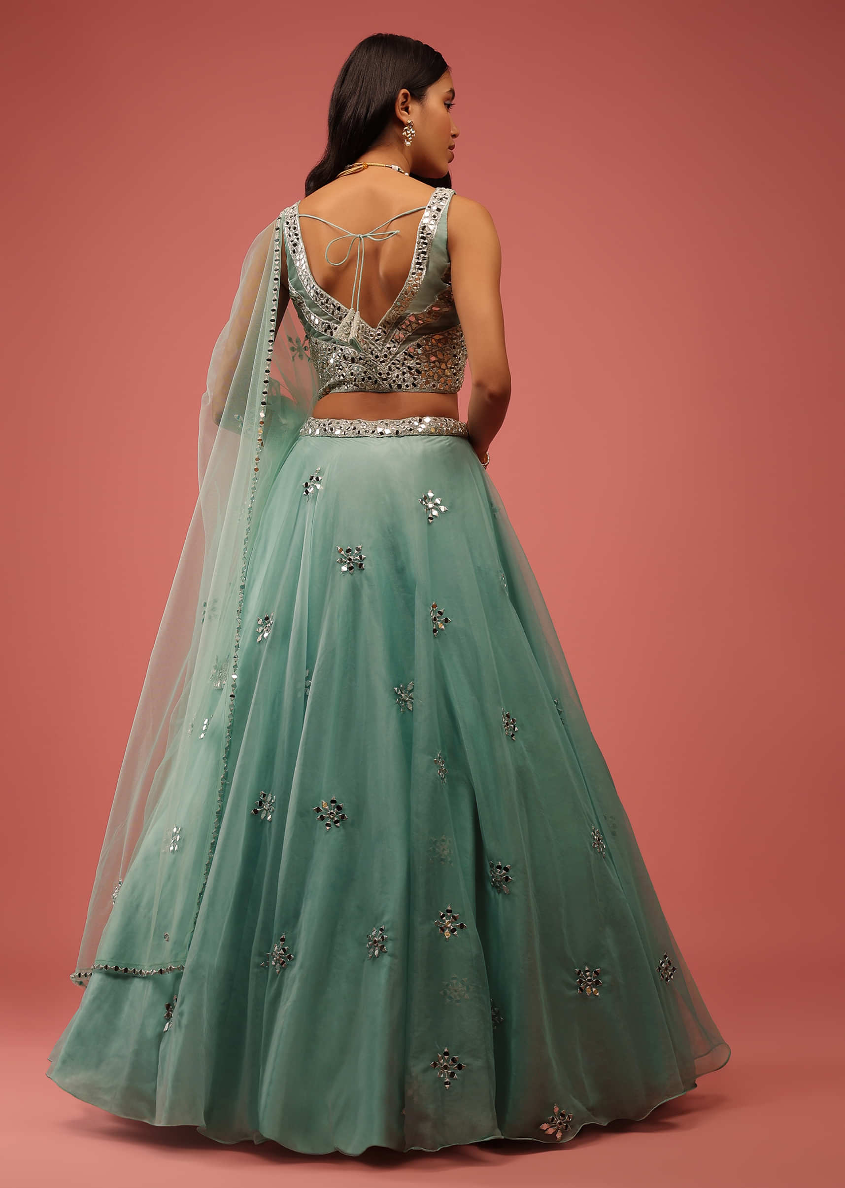 Sea Green Lehenga In Organza With A Heavily Embroidered Crop Top In Mirror Work