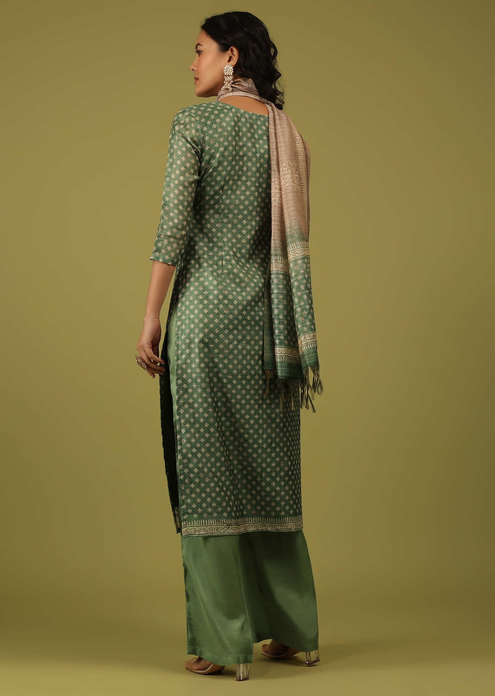 Mint Green Printed Palazzo Suit In Chanderi With Embroidery
