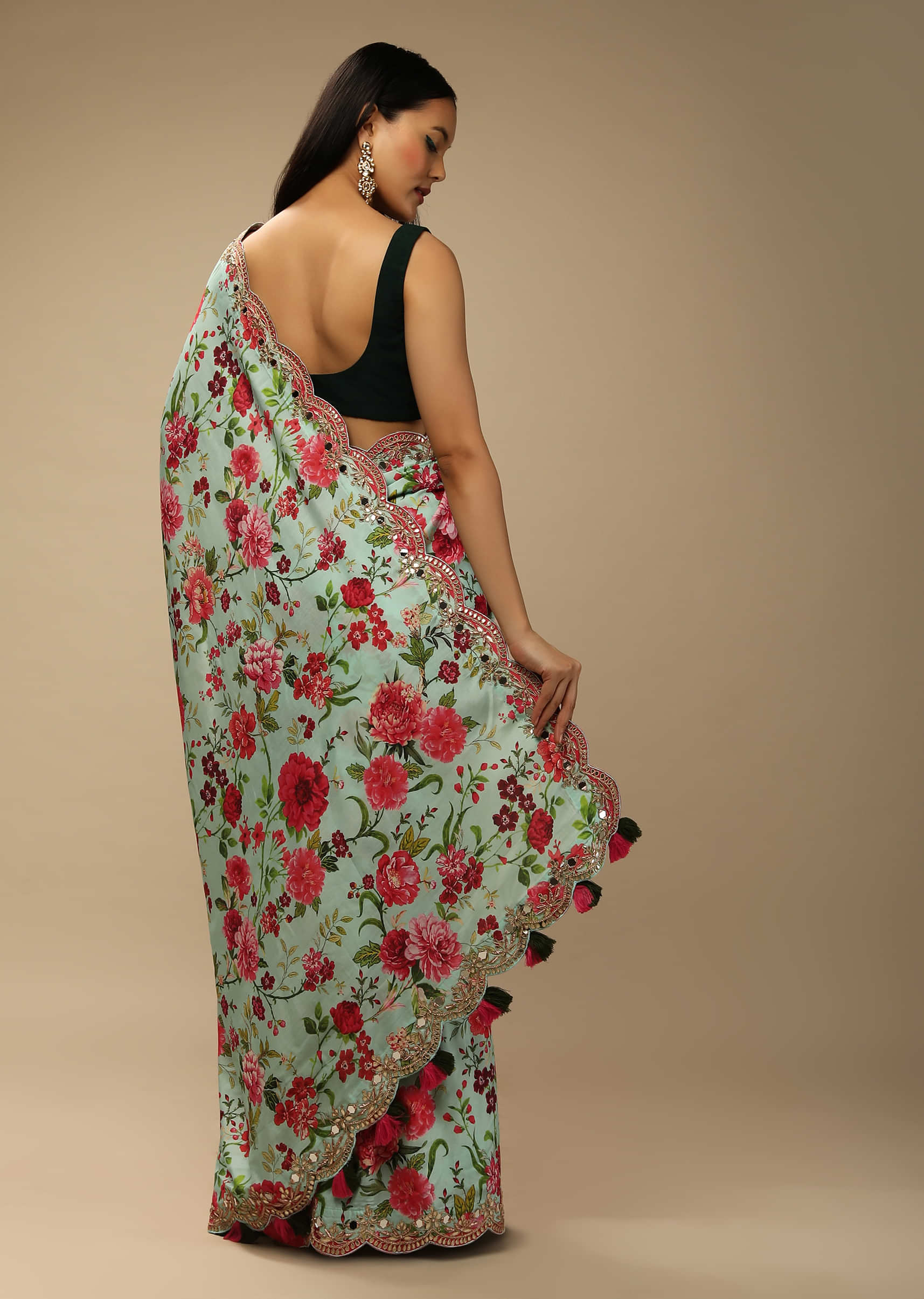 Mint Saree In Cotton Silk With Contrasting Floral Print And Gotta Embroidered Scallop Border