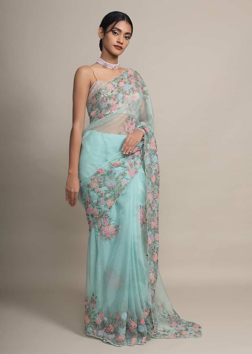 Mint Saree In Organza With Colorful Resham And Beads Embroidered Floral Design On The Border  