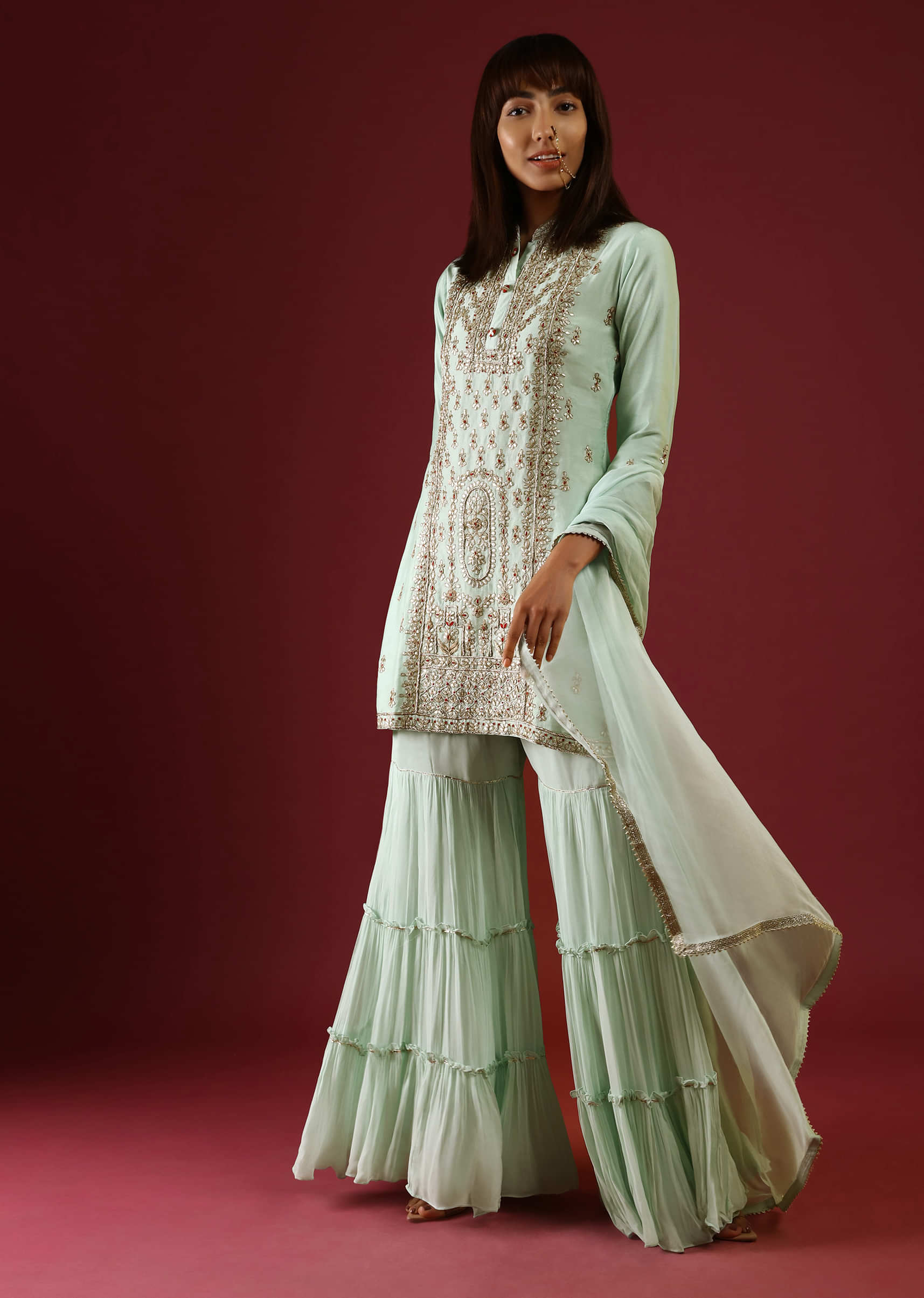 Mint Sharara Suit In Georgette With Gotta Patti And Thread Embroidered Centre Panel And Butti Design  