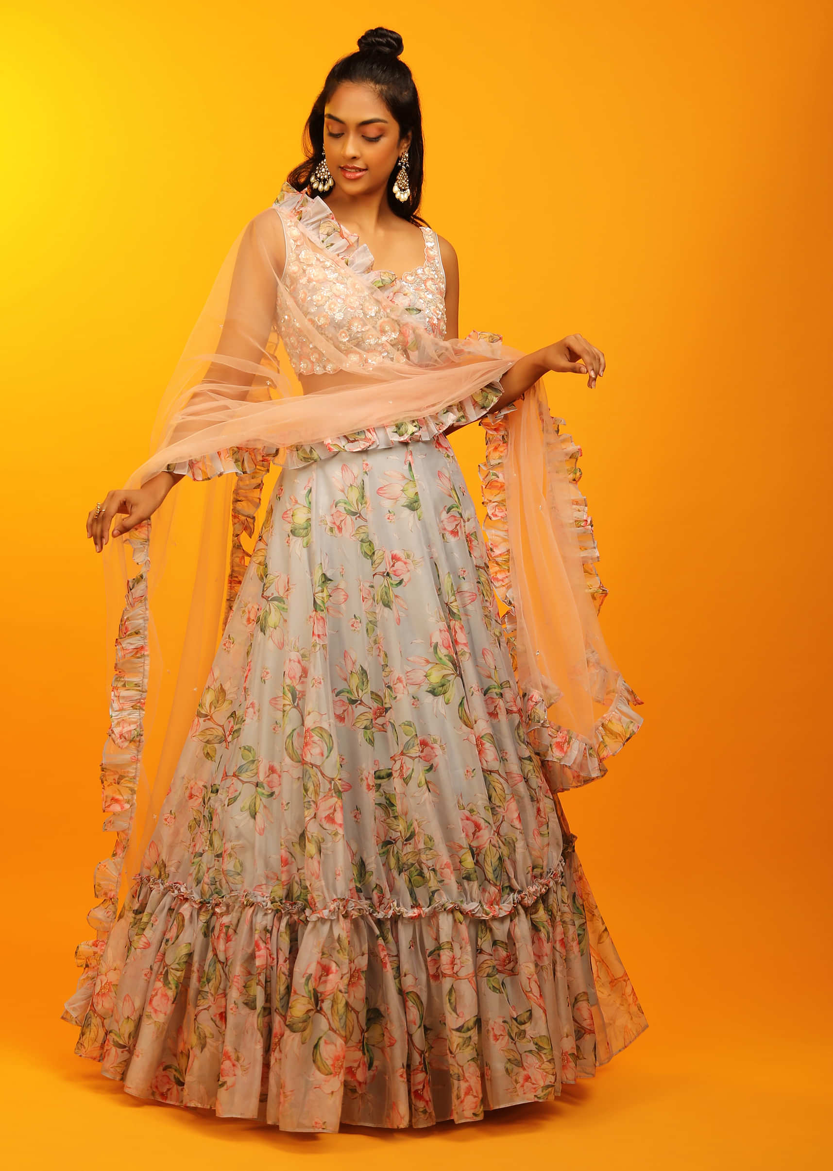 Misty Grey Lehenga In Sheer Organza With Floral Print And Sequins Embroidered Sleeveless Choli