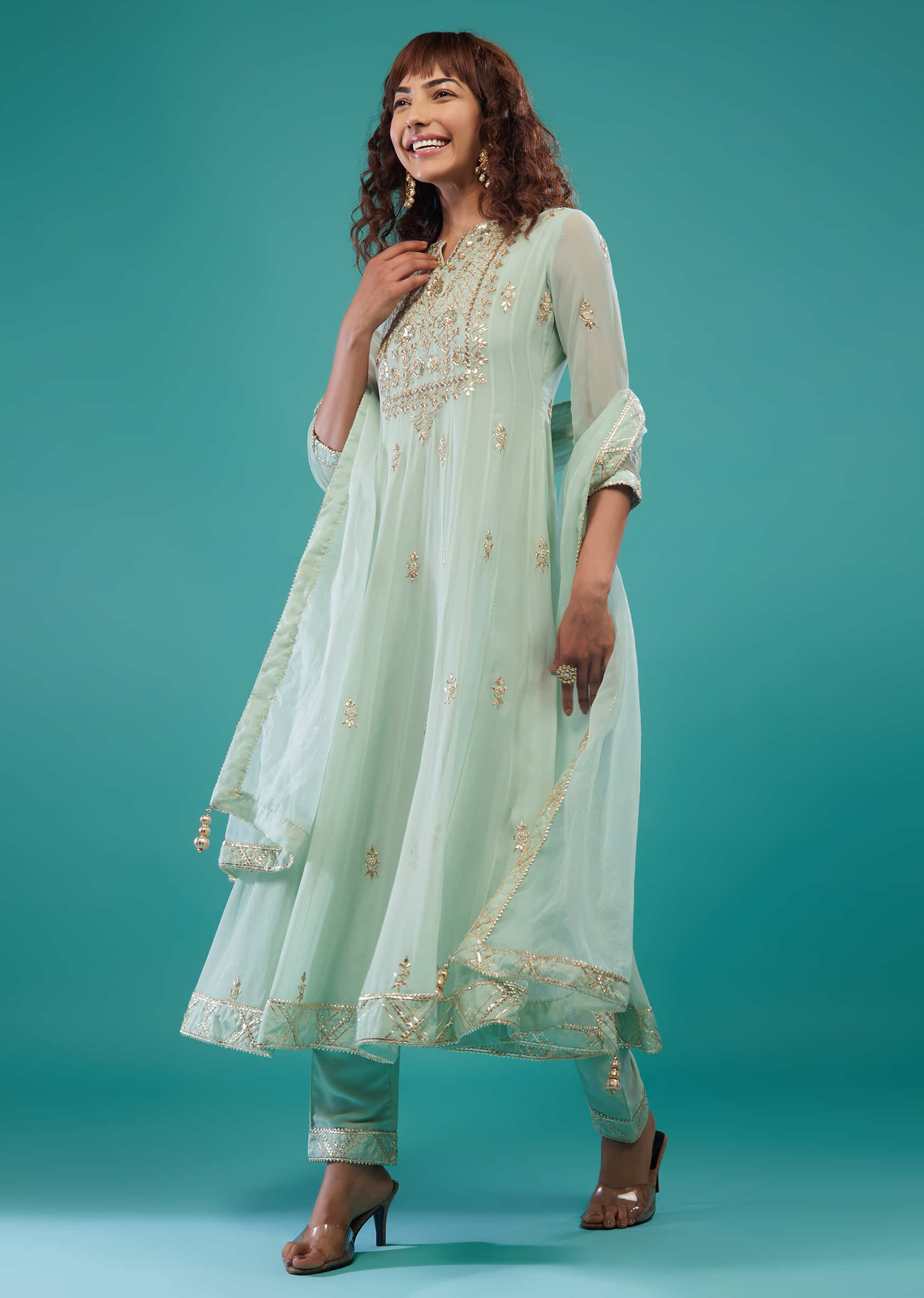 Powder Blue Embroidered Pant Suit Set In Georgette