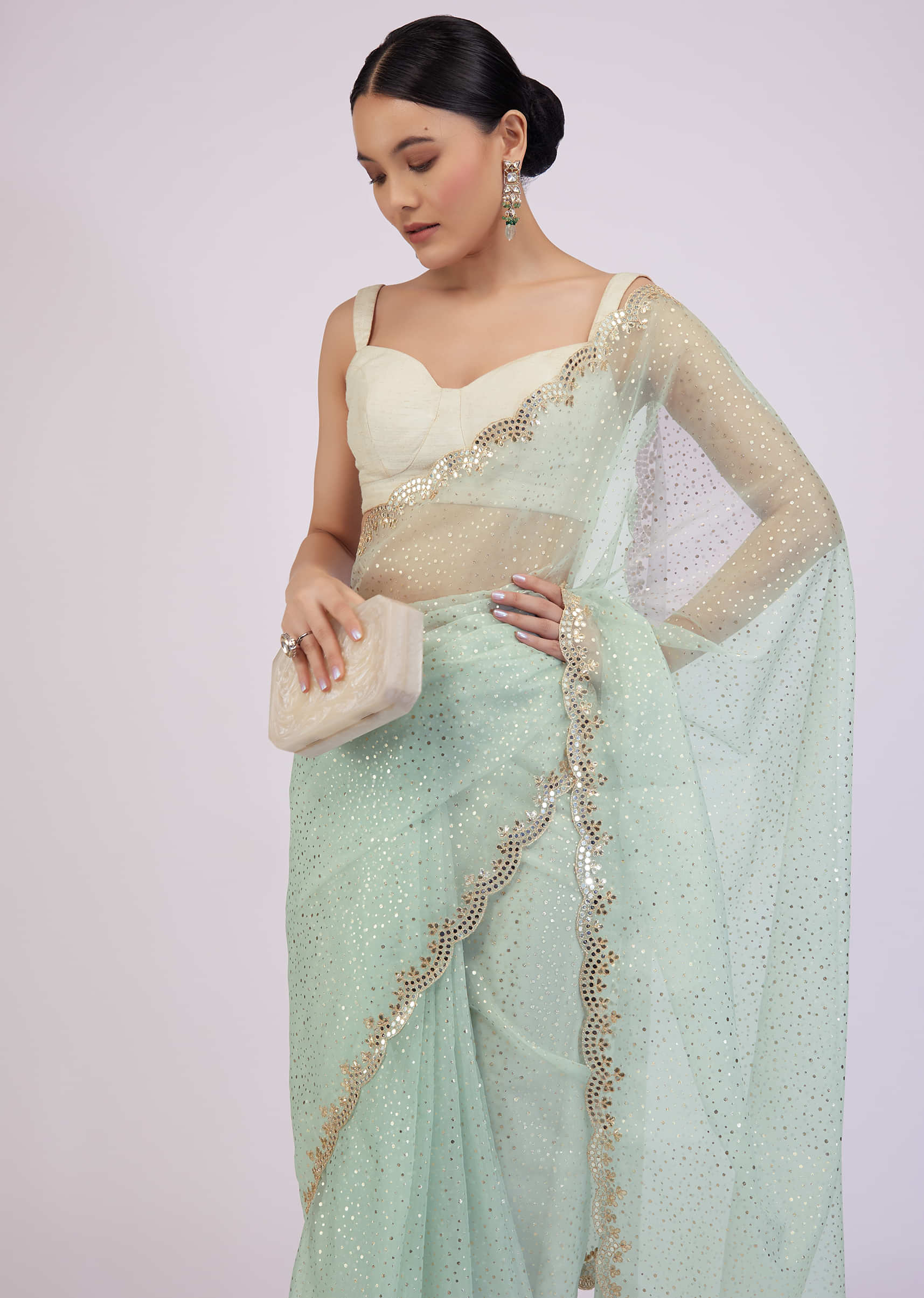 Powder Blue Organza Saree With Foil Print And Embroidery