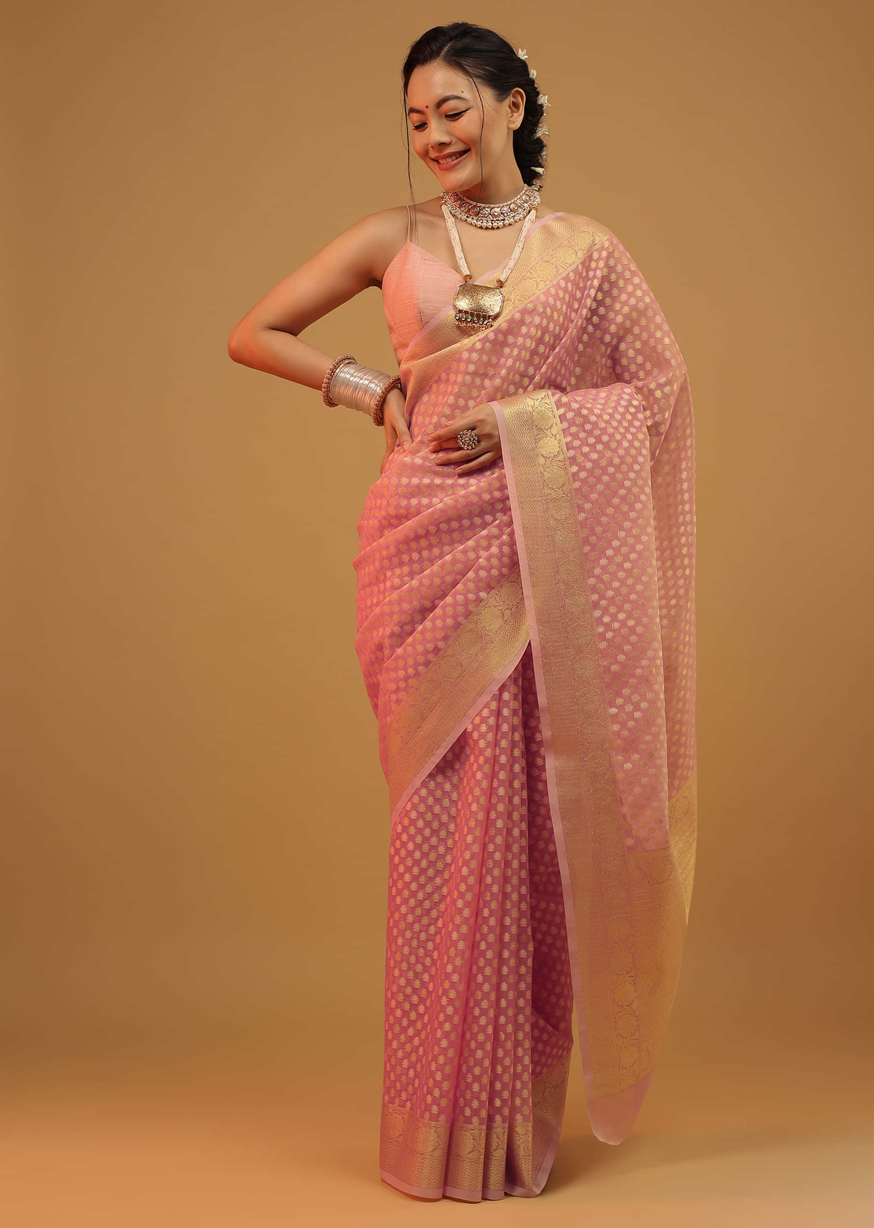 Rouge Pink Saree In Pure Handloom Cotton And Banarasi Chanderi