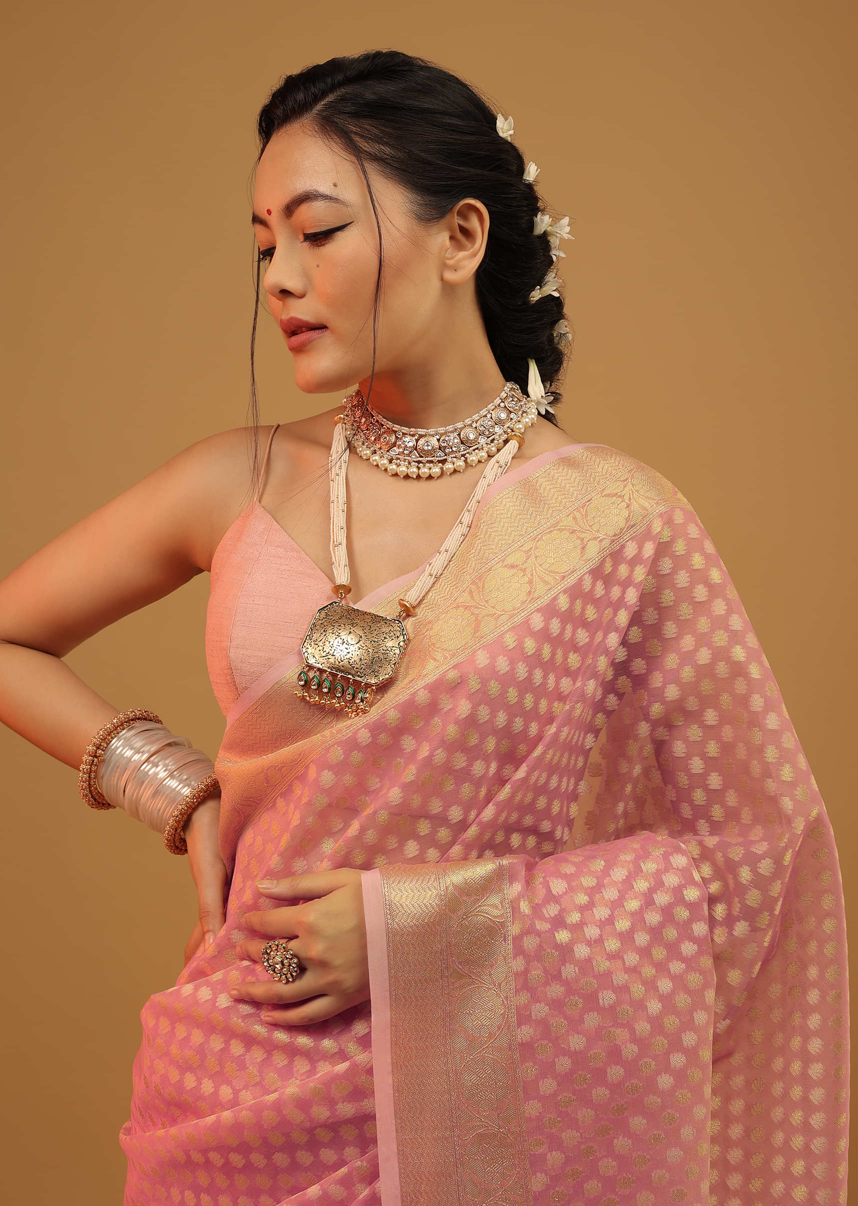 Rouge Pink Saree In Pure Handloom Cotton And Banarasi Chanderi