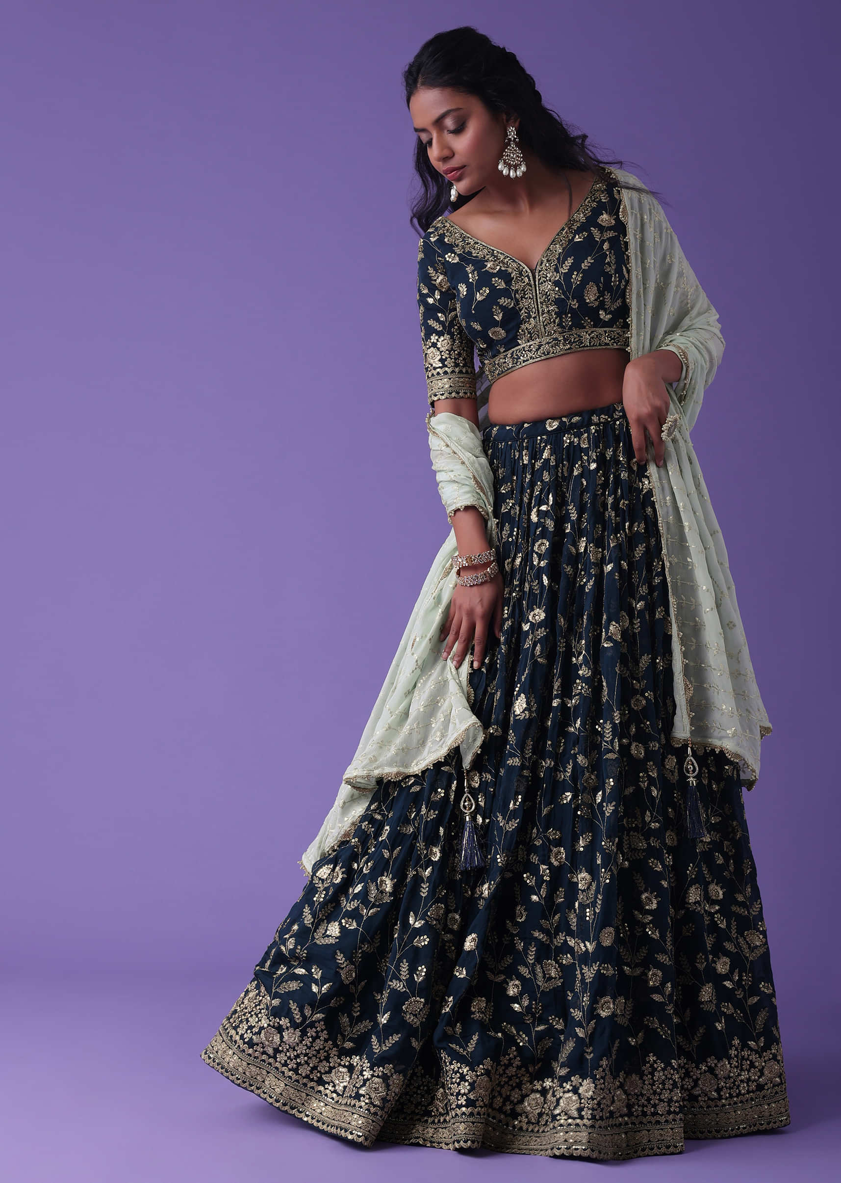 Moroccan Blue Georgette Lehenga With Zari And Sequins Embroidery