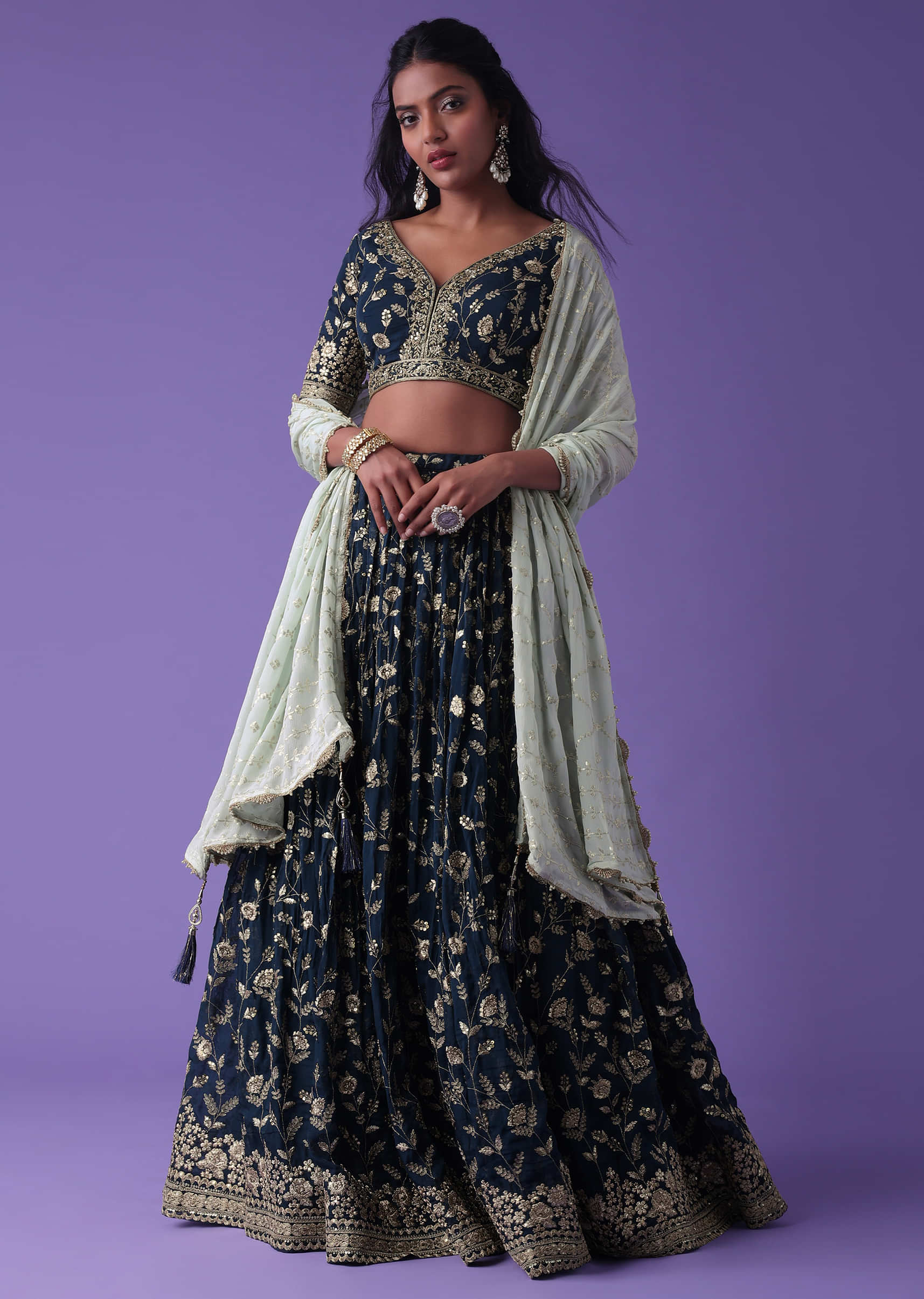 Moroccan Blue Georgette Lehenga With Zari And Sequins Embroidery