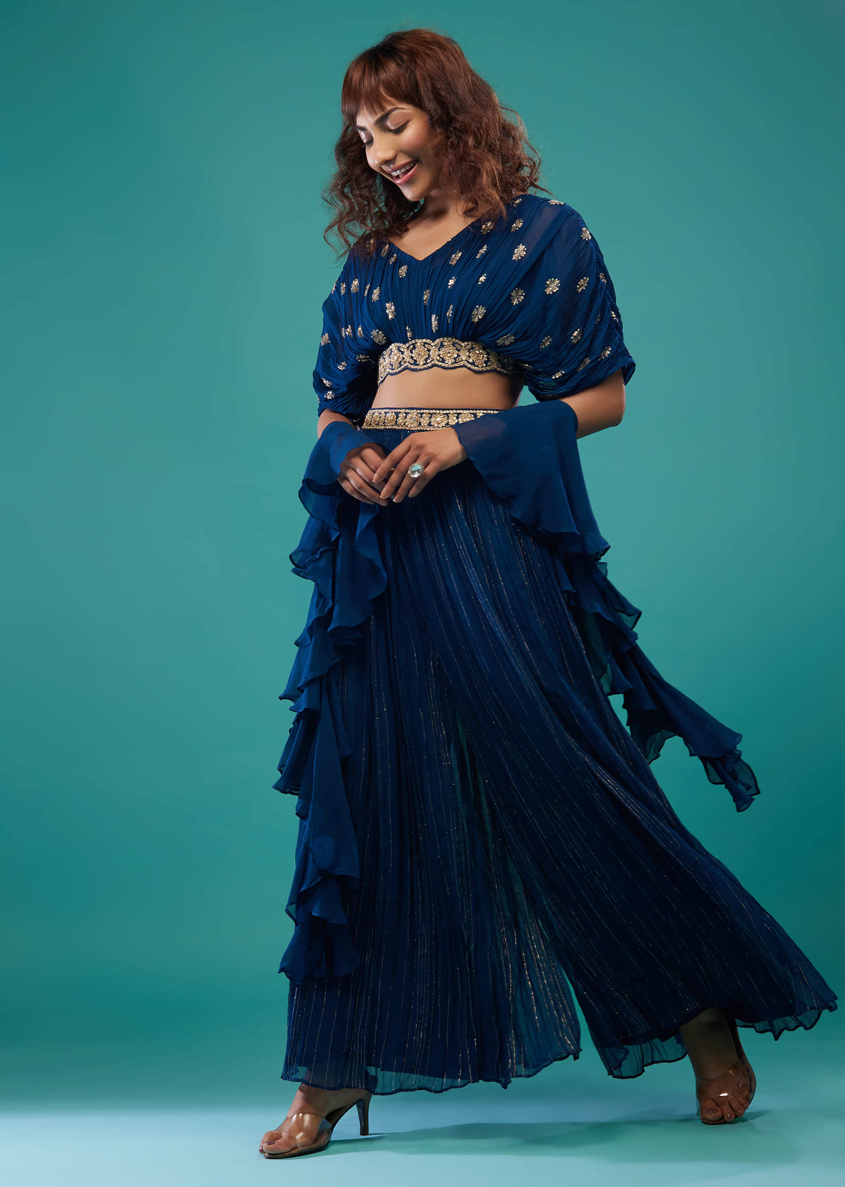 Persian Blue Hand-Embroidered Palazzo Crop-Top Set In Georgette