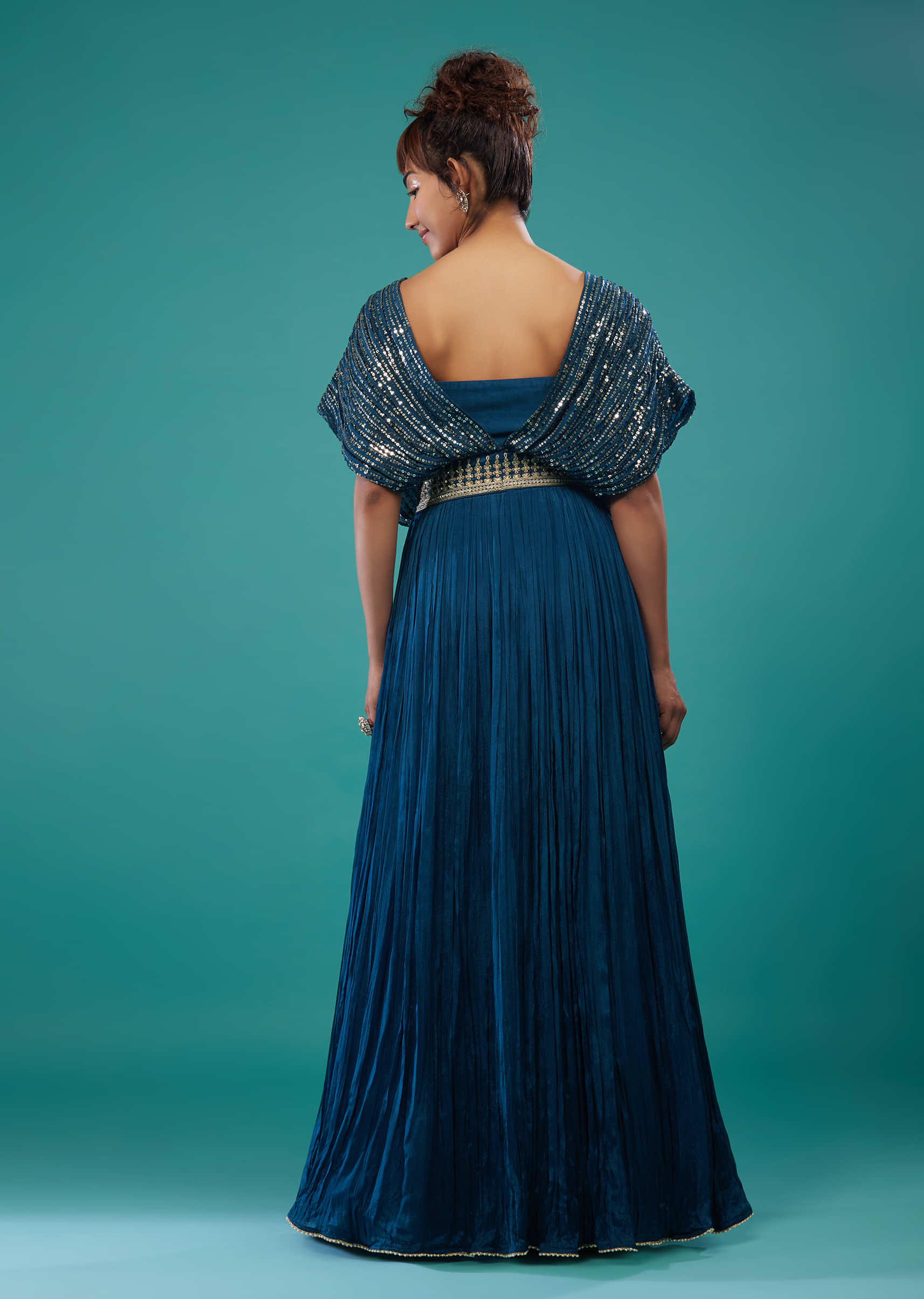 Persian Blue Hand-Embroidered Palazzo Crop-Top Set In Chinon