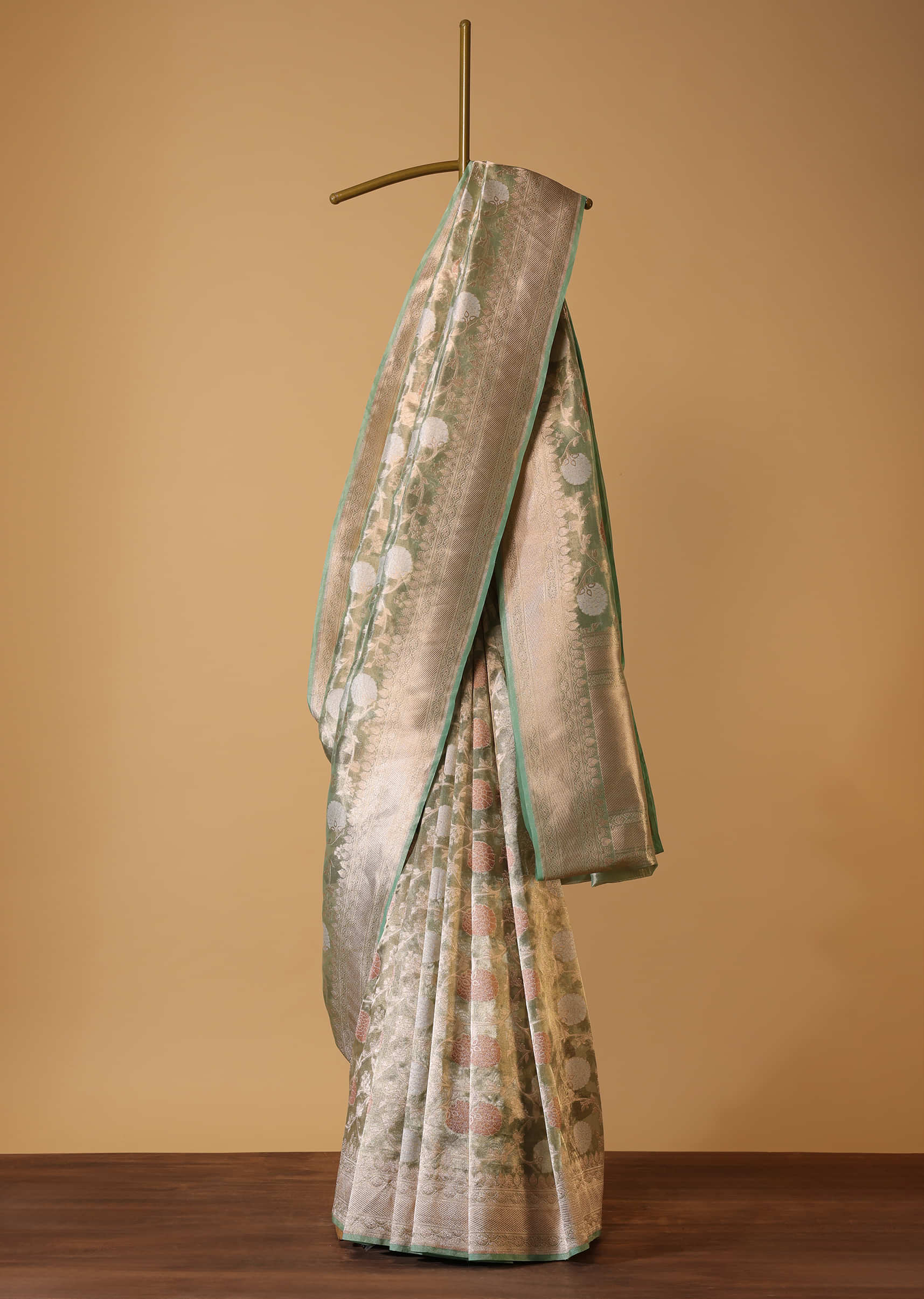 Moss Green Embroidered Banarasi Saree With Gold And Silver Floral Weave In Tissue Organza