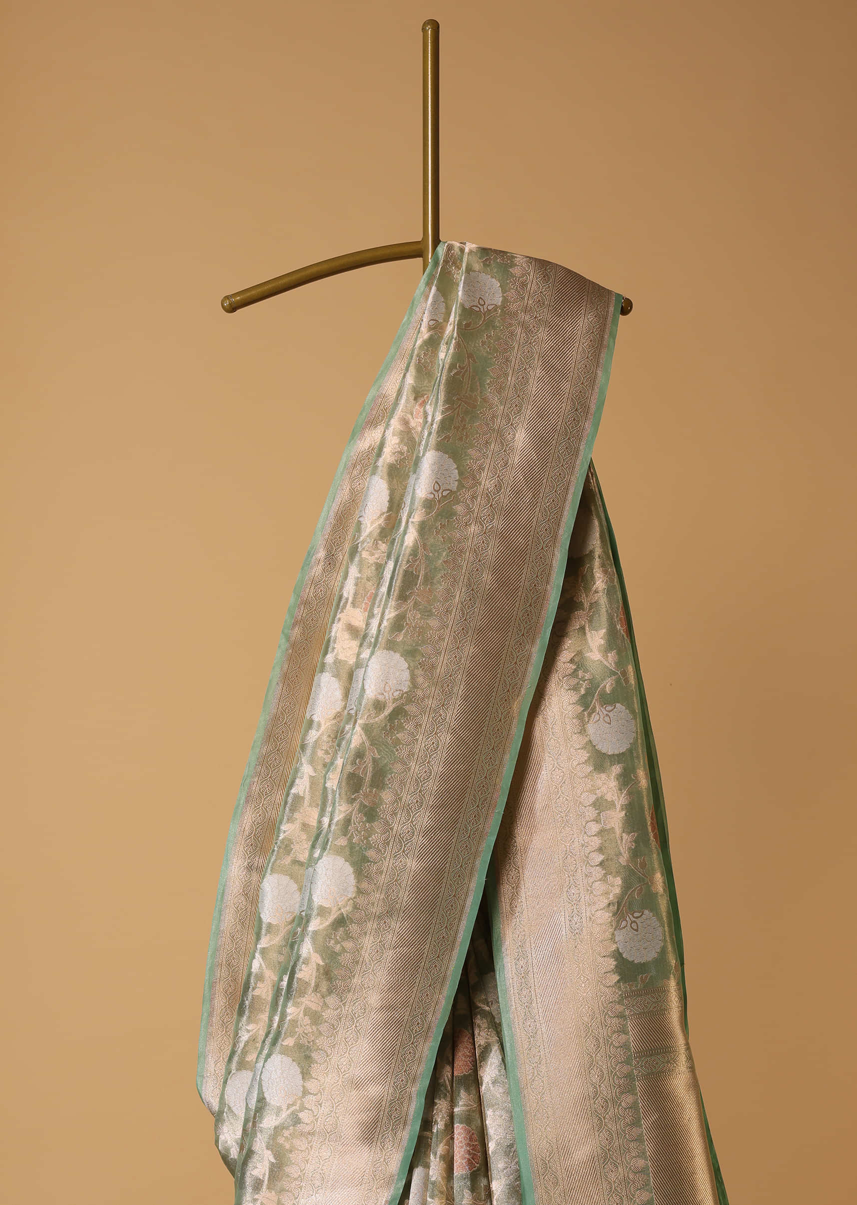 Moss Green Embroidered Banarasi Saree With Gold And Silver Floral Weave In Tissue Organza