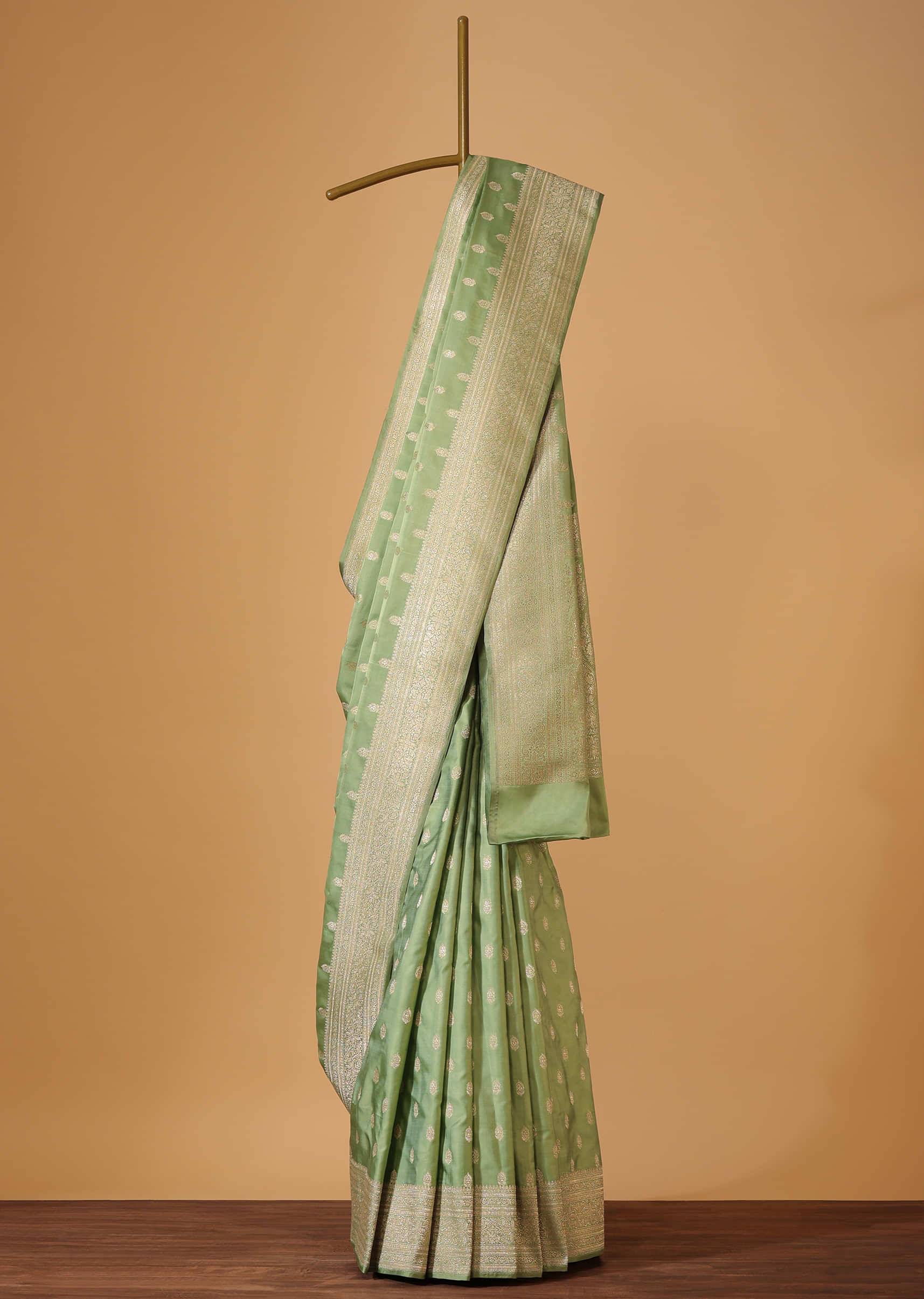 Moss Green Handloom Banarasi Saree In Satin Crepe With Traditional Gold Zari Weave