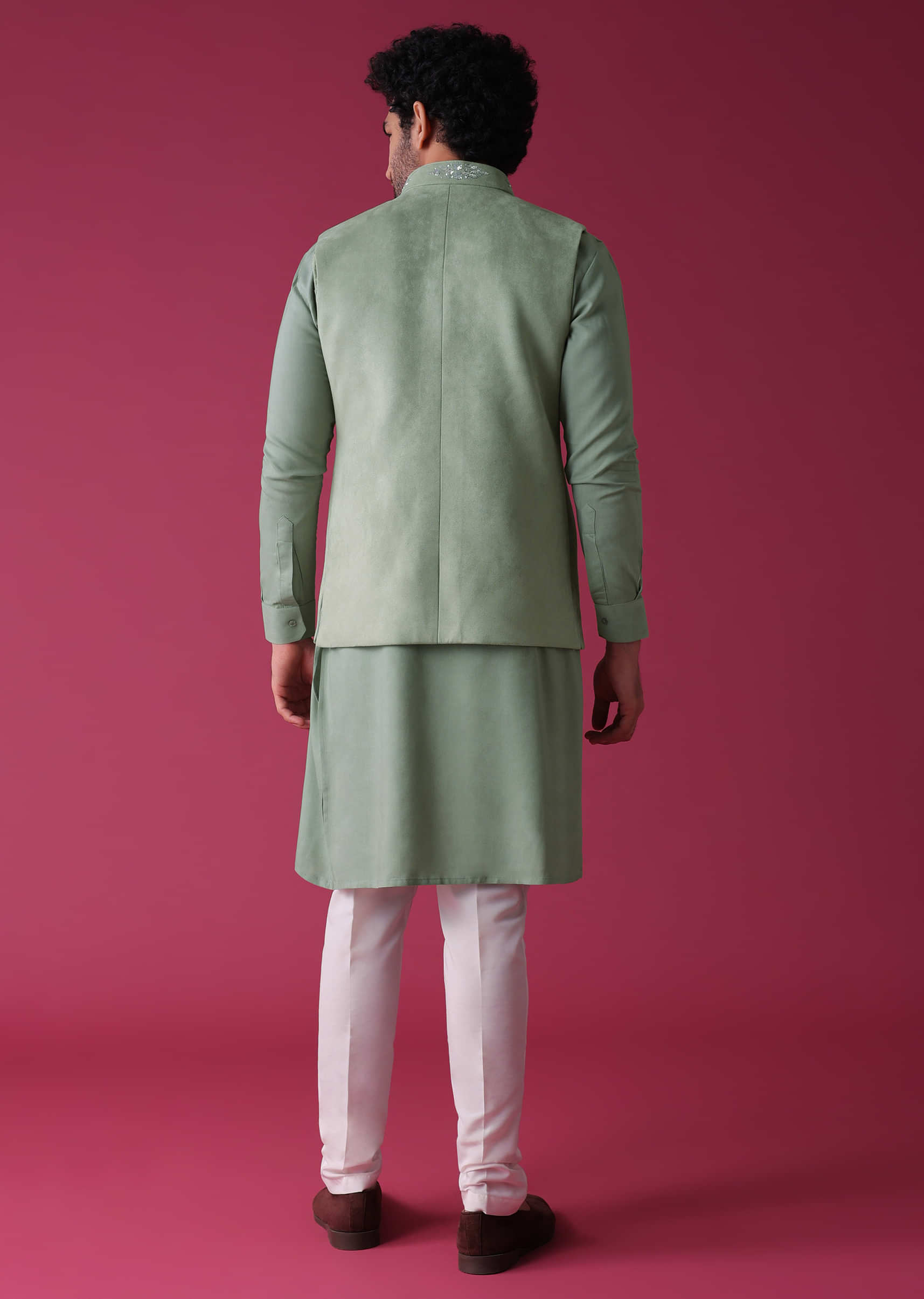 Moss Green Jacket Kurta Set In Velvet With Moti Work
