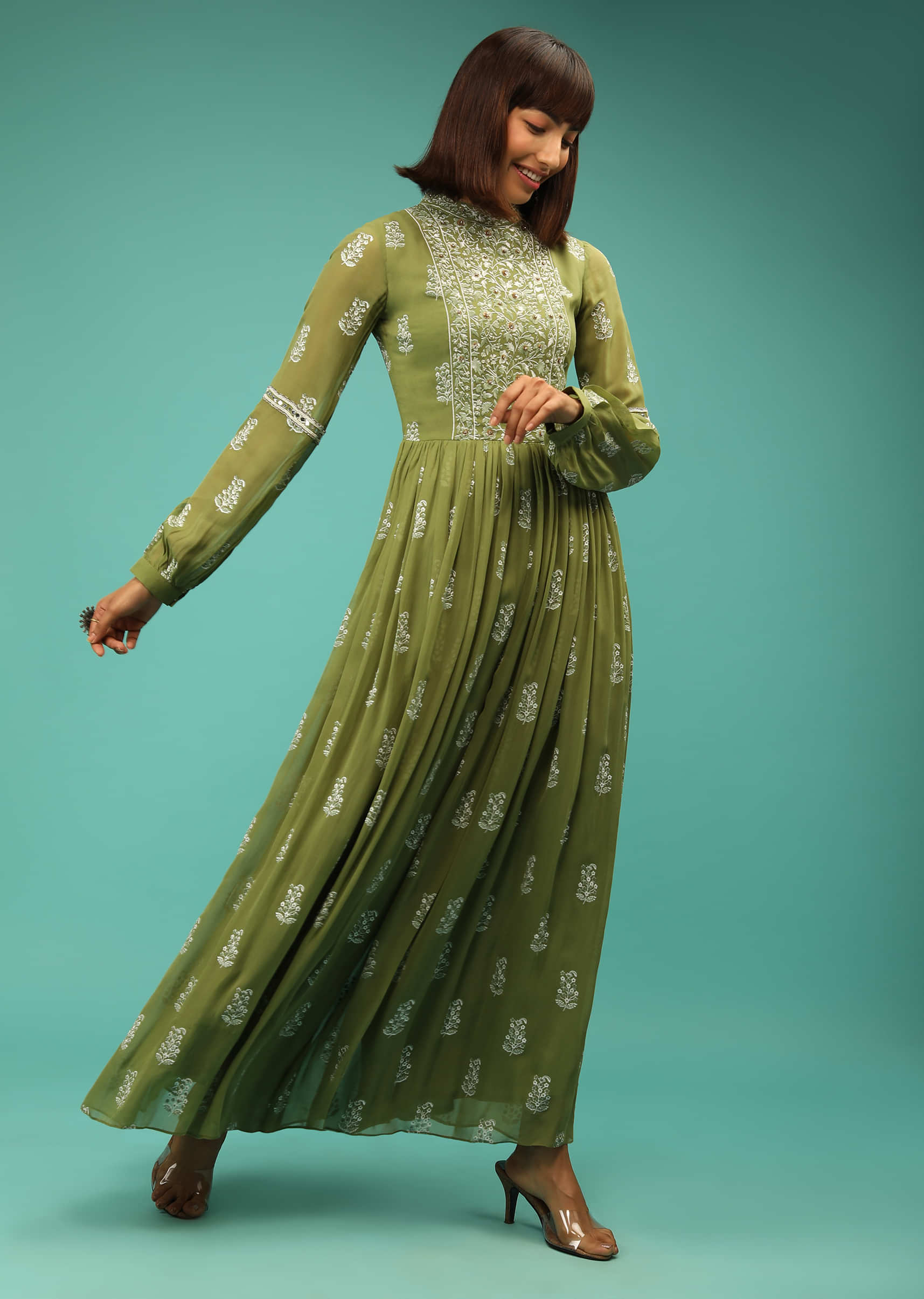 Moss Green Jumpsuit In Georgette With Floral Print And Stone Work  