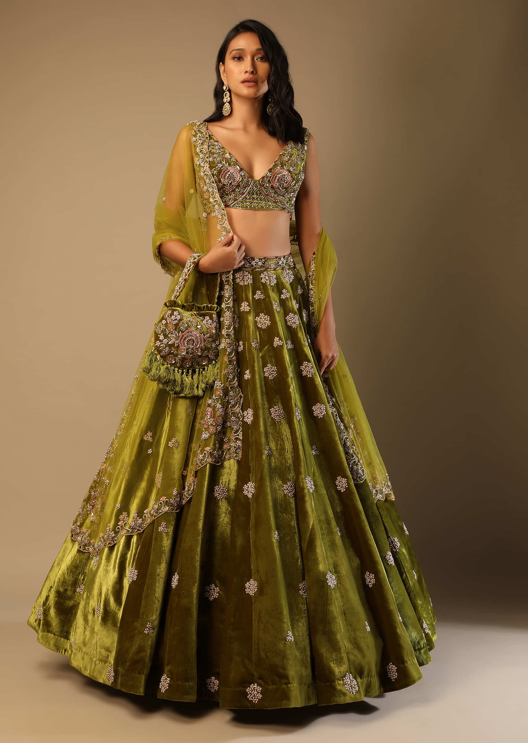 Moss Green Lehenga Choli With Multi Colored Hand Embroidered Floral Buttis 