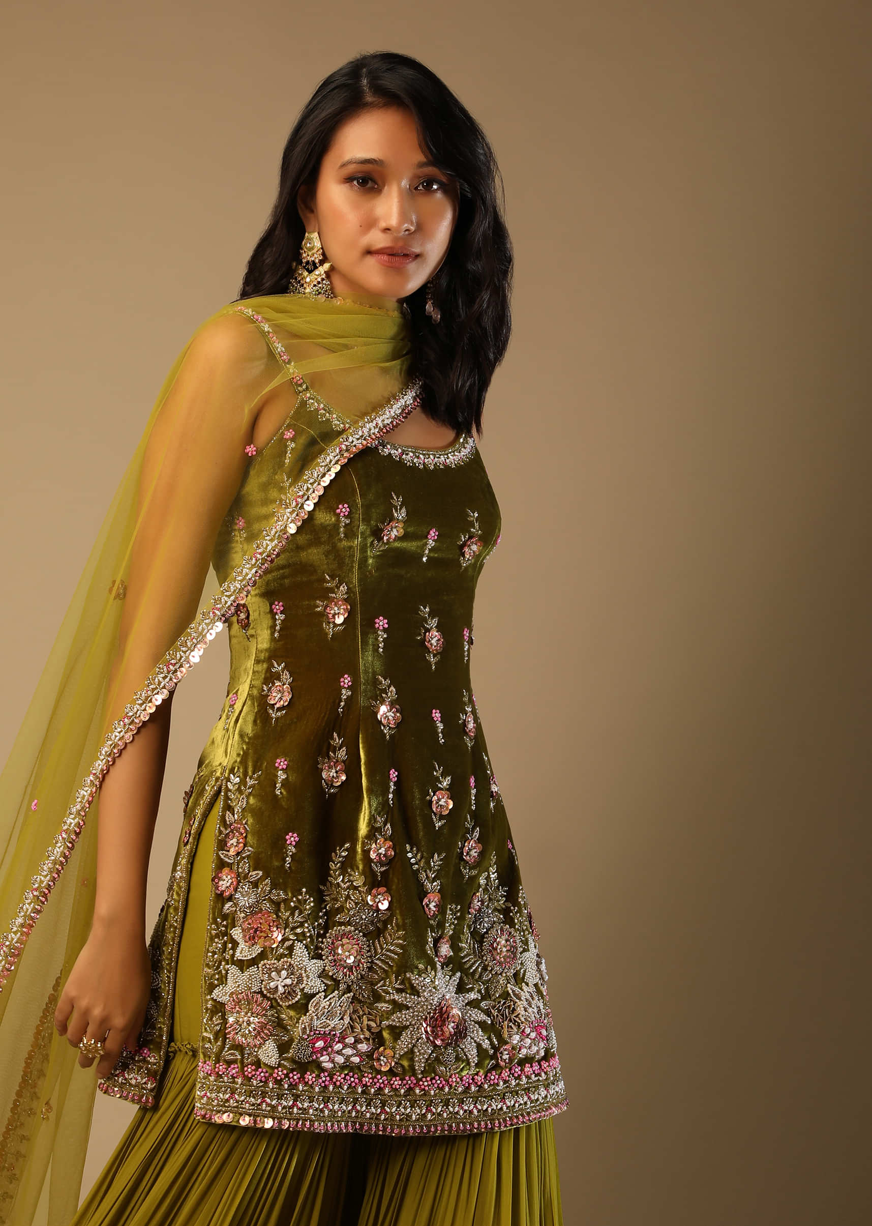 Moss Green Sharara Suit In Velvet With Multi Colored Hand Embroidery In Floral Motifs  