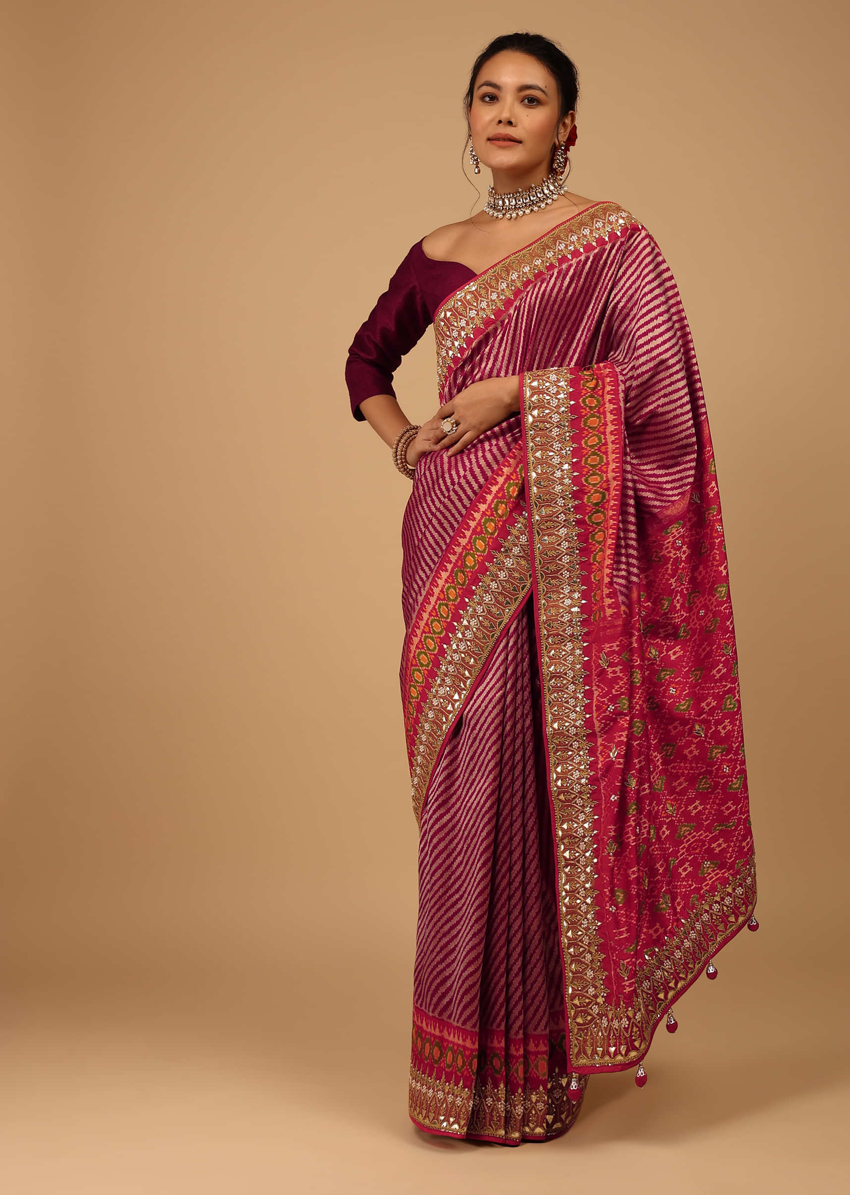 Hot Pink Saree In Pure Silk With Handloom Patola Ikat Weave