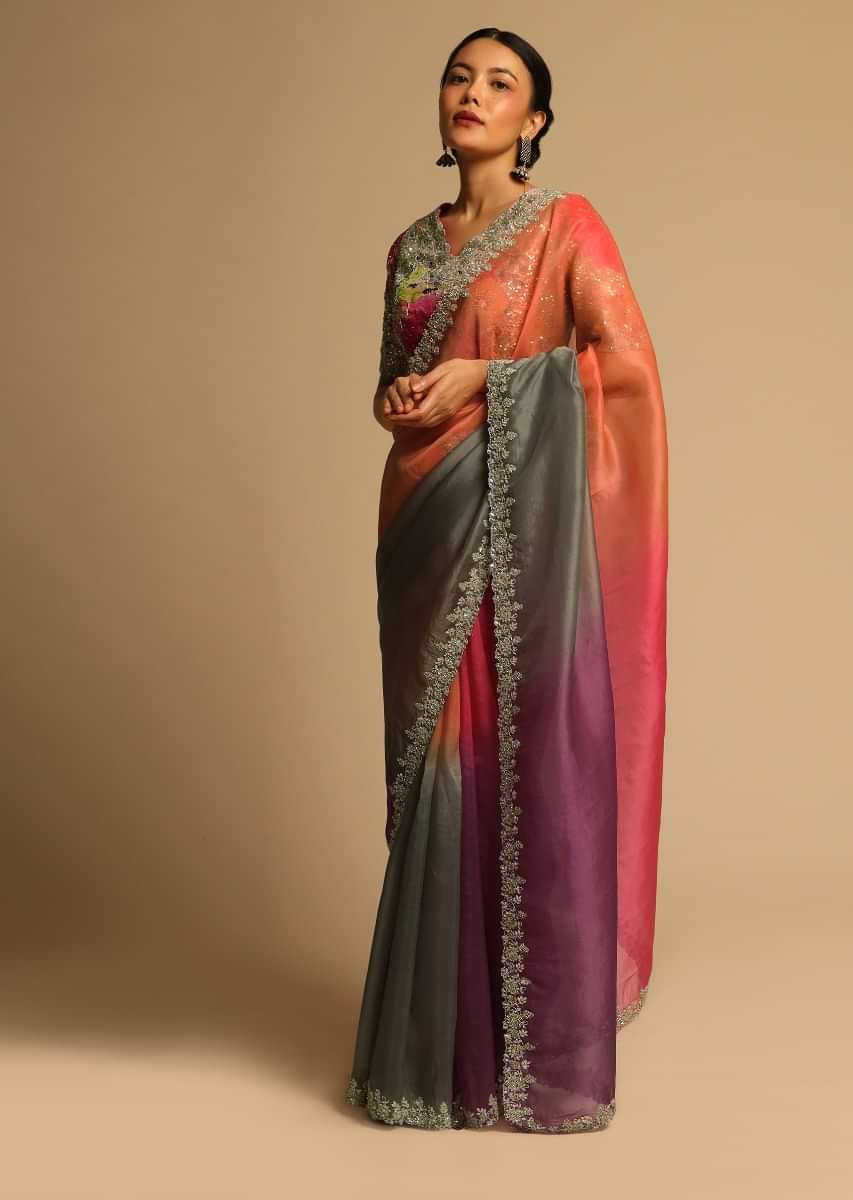 Multi Colored Saree In Organza With Shaded Design And Cut Dana Embroidery Along With Ready Stitched Blouse