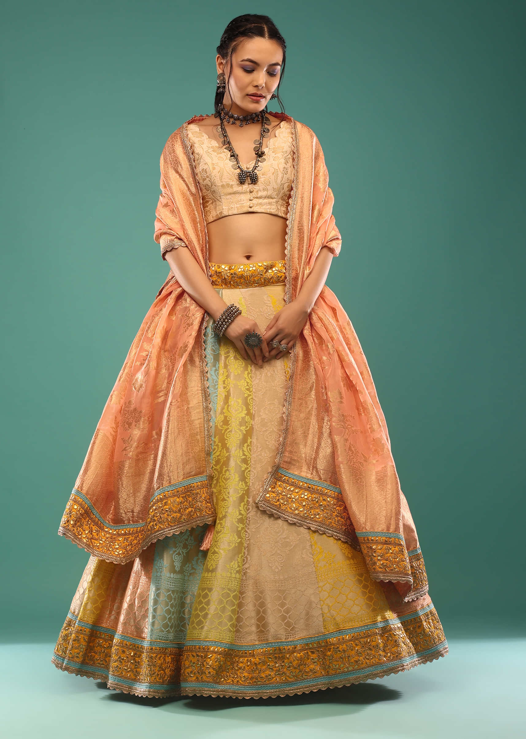 Multi-Colored Brocade Lehenga In Gotta Patti Embroidery,Paired With The Choli And Dupatta In Gotta Patti And Moti Embroidery