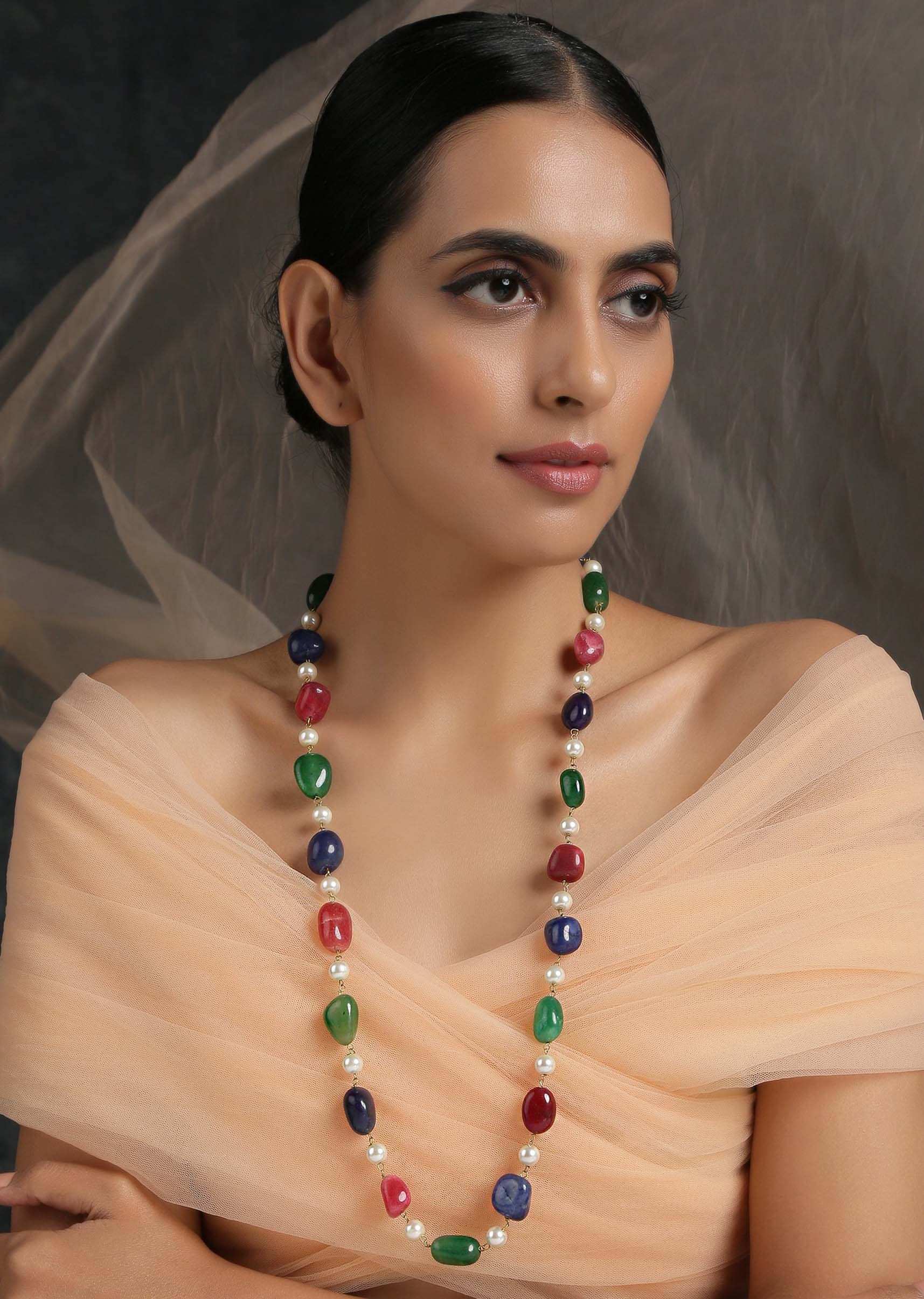 Multi Colored Long Necklace With Alternating Stones And Pearls
