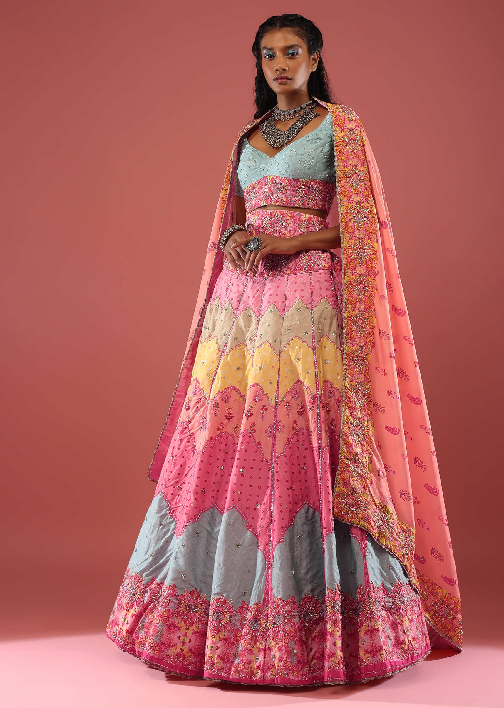 Multi Coloured Bandhani Print Lehenga Choli In Silk Inspired From Mughal Architecture And Hand Embroidery Detailing
