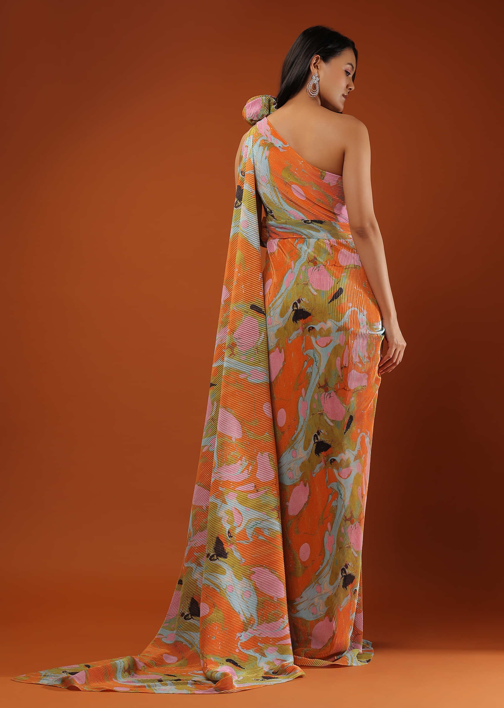 Multicolor Gown In Abstract Print With One Shoulder, Crafted In Crush With A Veil On One Shoulder