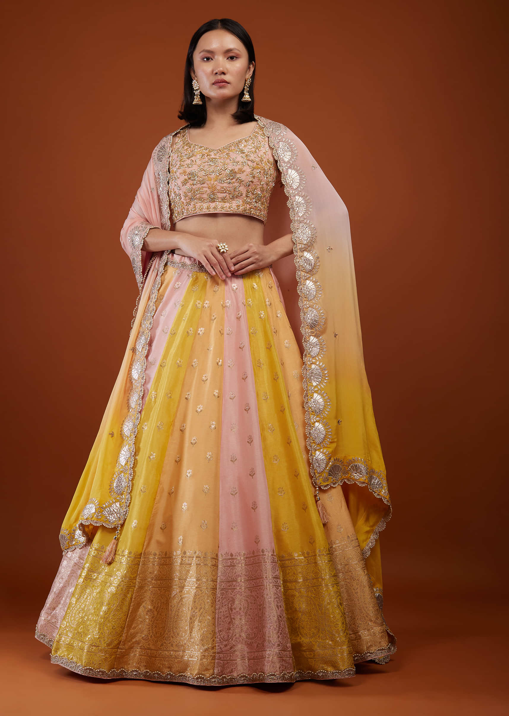 Multicolored Kali Lehenga Set With Embroidery In Silk