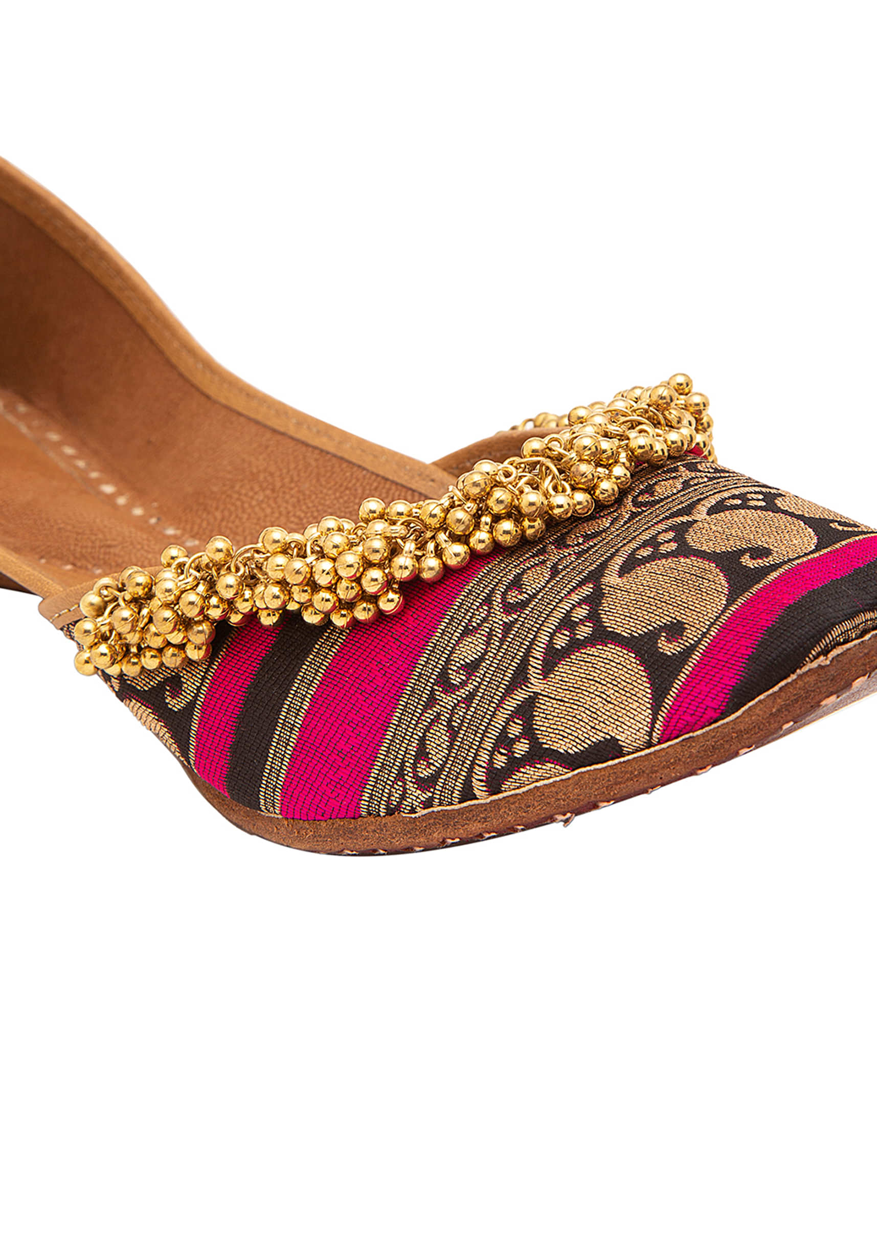 Multicolour Butti Print Juttis In Silk With Ghungroo Embellishment And Stitch Line Detail