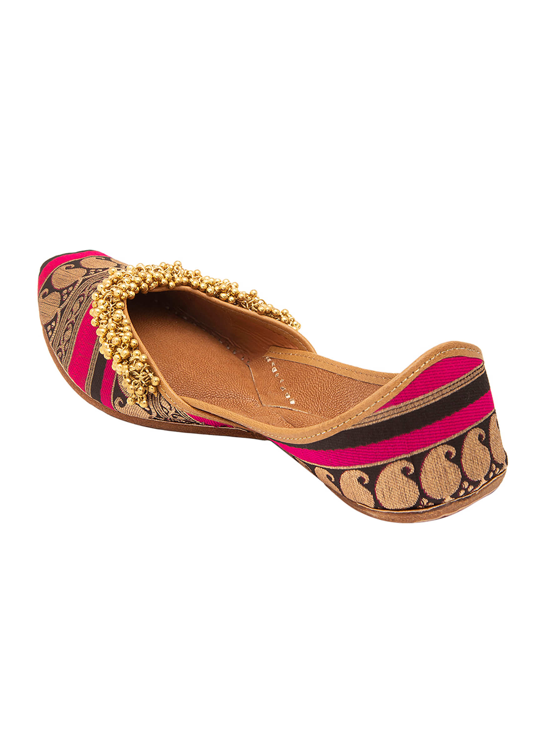 Multicolour Butti Print Juttis In Silk With Ghungroo Embellishment And Stitch Line Detail