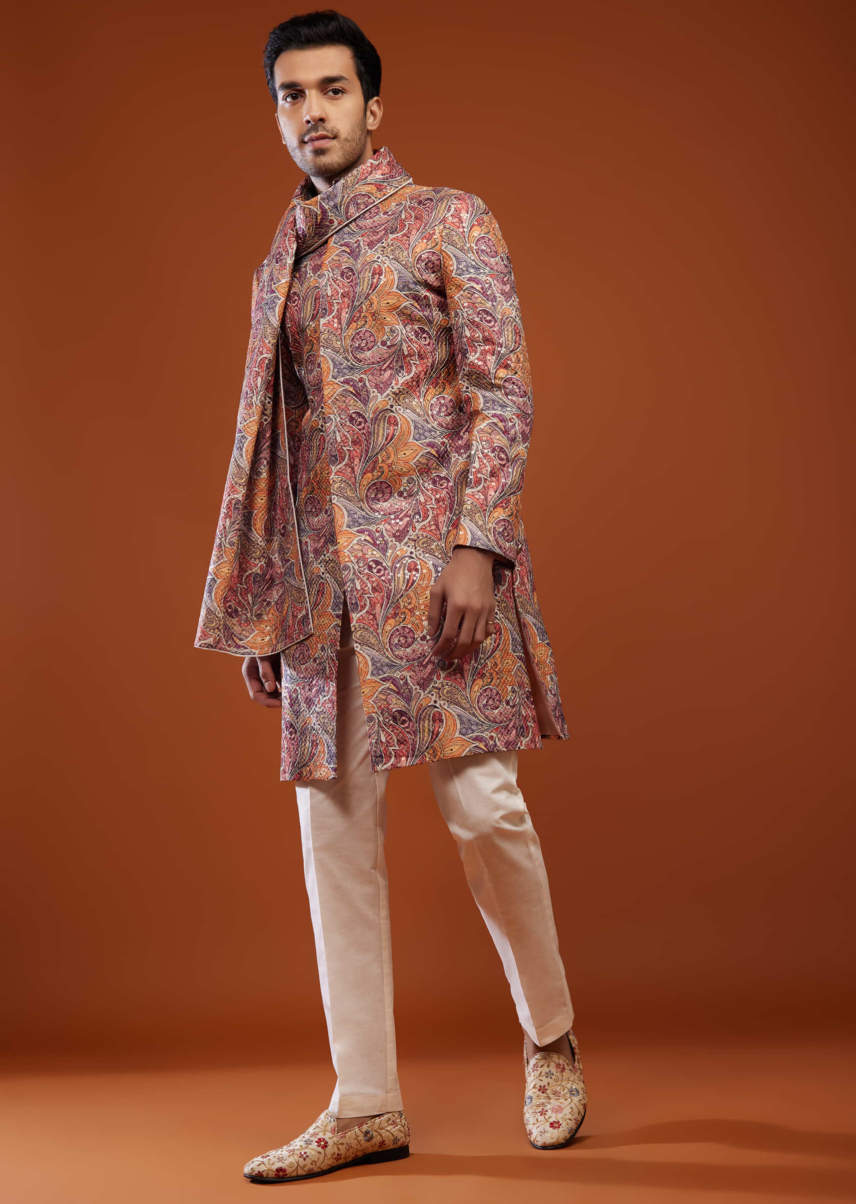 Multicoloured Embroidered Sherwani Set In Imported Suiting Fabric